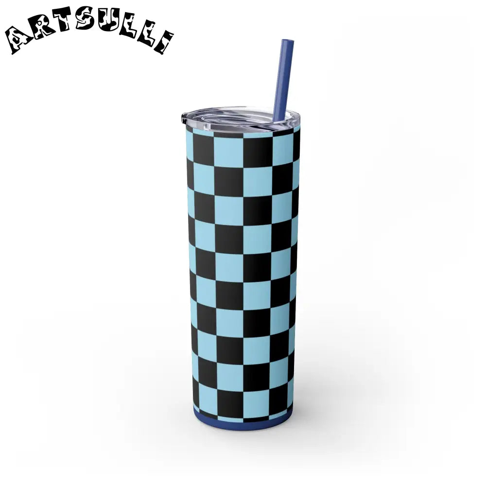JAKKOUTTHEBXX Checkerboard Black and Blue Skinny Tumbler with Straw
