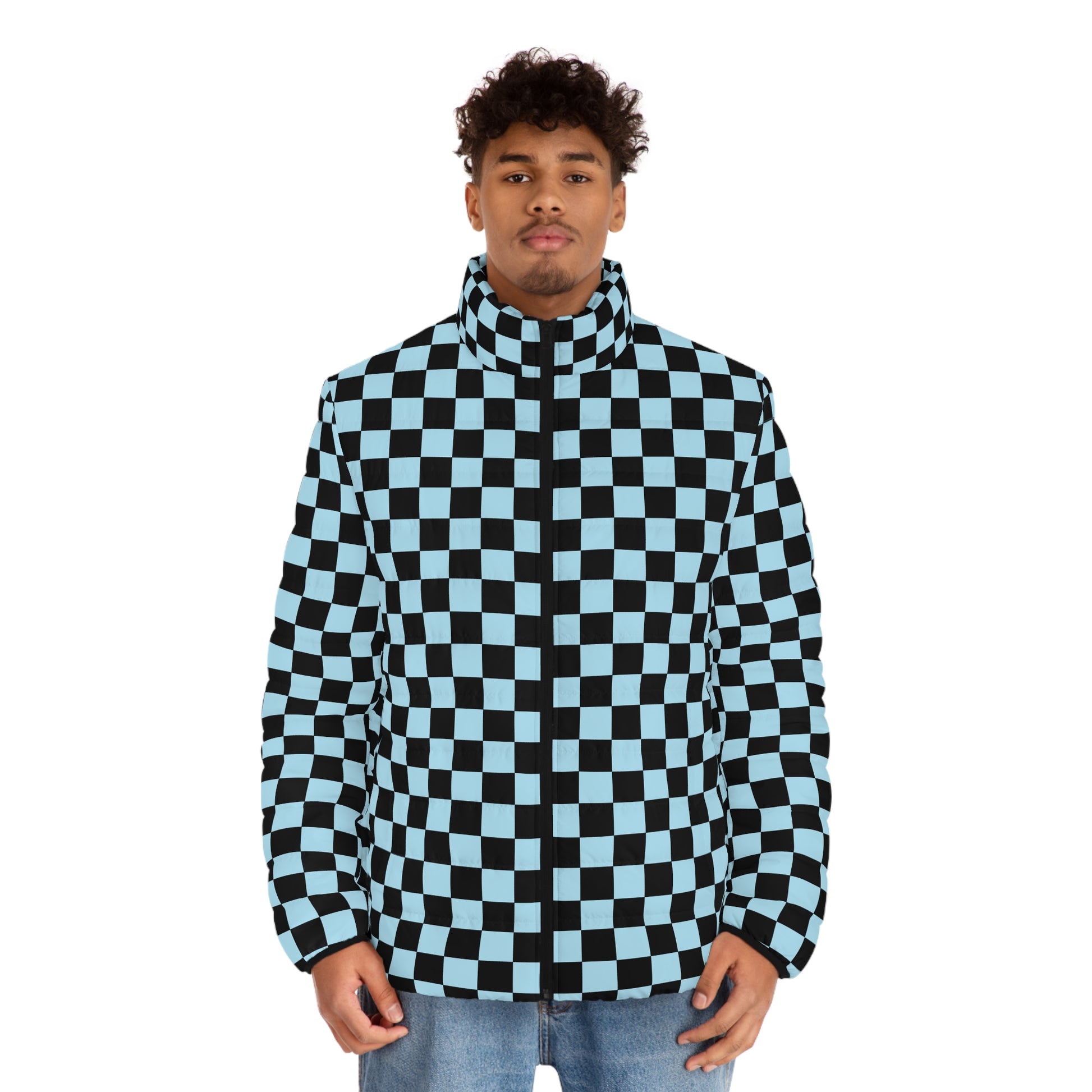 Checkerboard Black and Blue Men's Puffer Jacket (AOP), Artsulli - Art is Long, Life is Short, All Over Prints, , , , , , , 