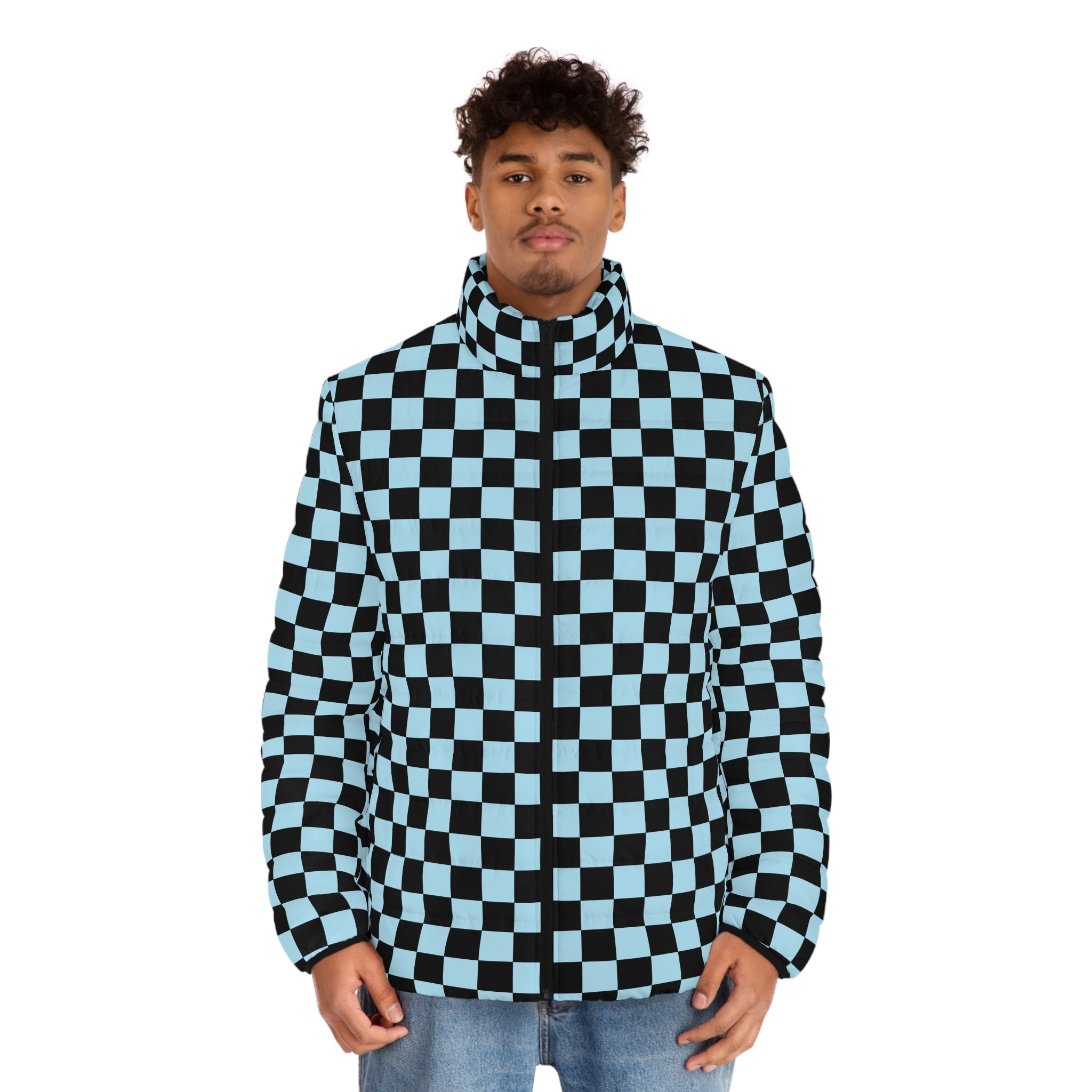 Checkerboard Black and Blue Men's Puffer Jacket (AOP), Artsulli - Art is Long, Life is Short, All Over Prints, , , , , , , 