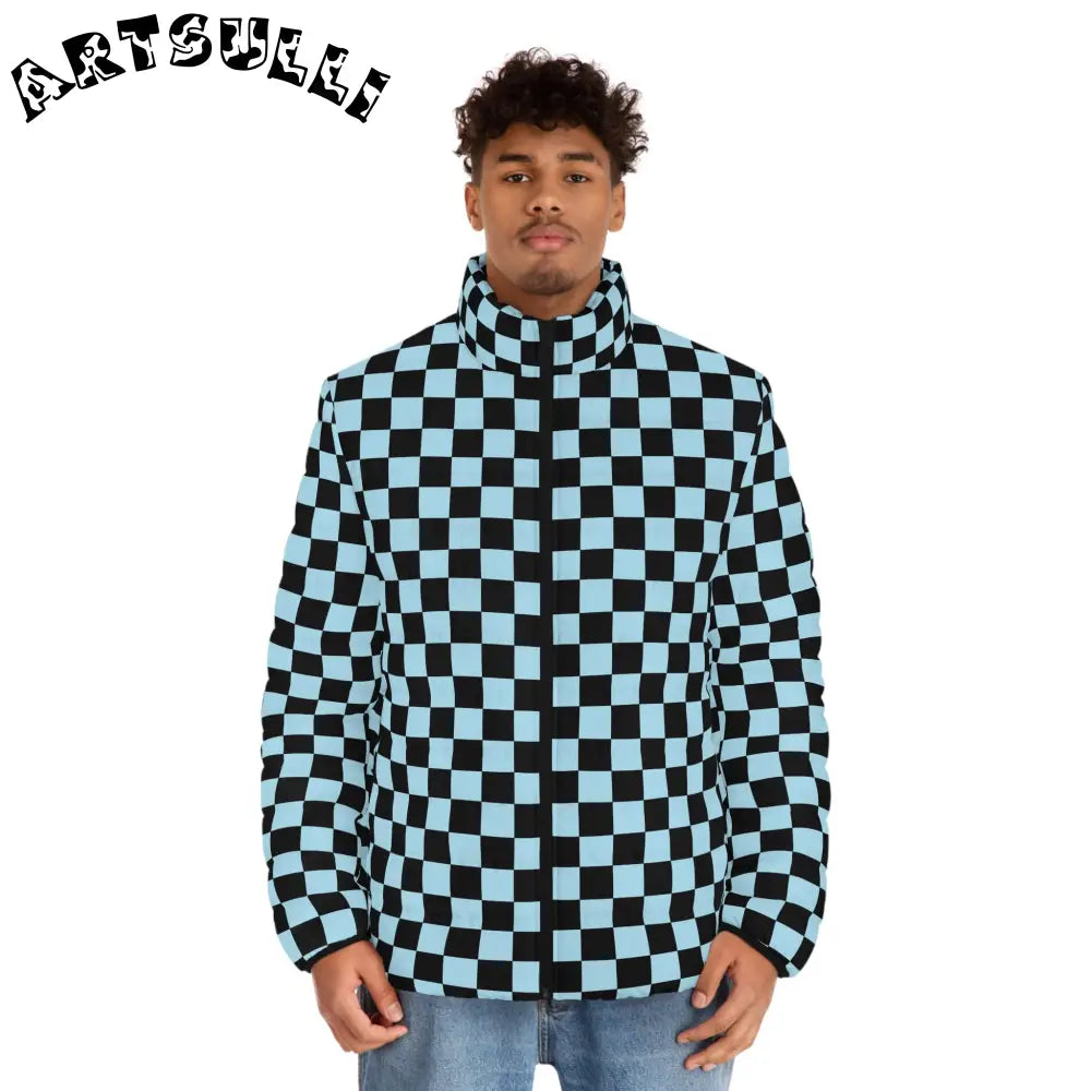 JAKKOUTTHEBXX Checkerboard Black and Blue Men’s Puffer Jacket (AOP)