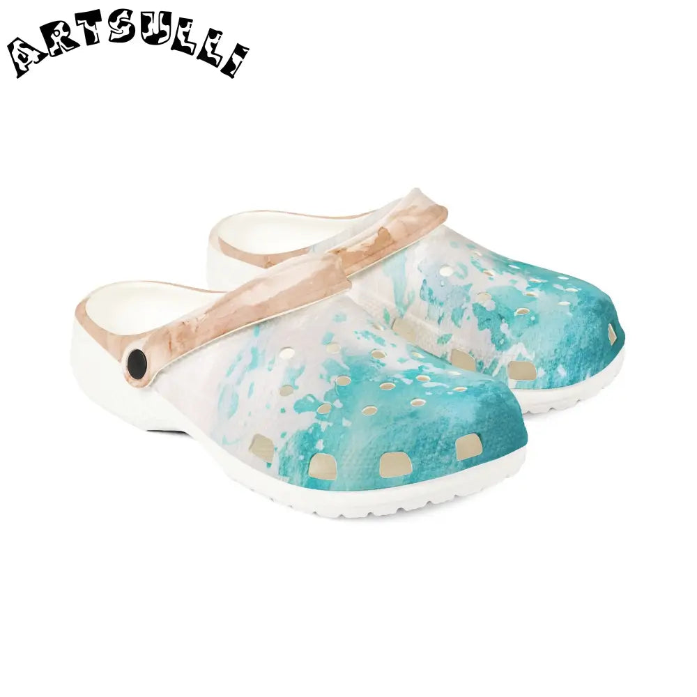 JAKKOUTTHEBXX Teal and Gold Speckled EVA Foam Clogs JAKKOUTTHEBXX