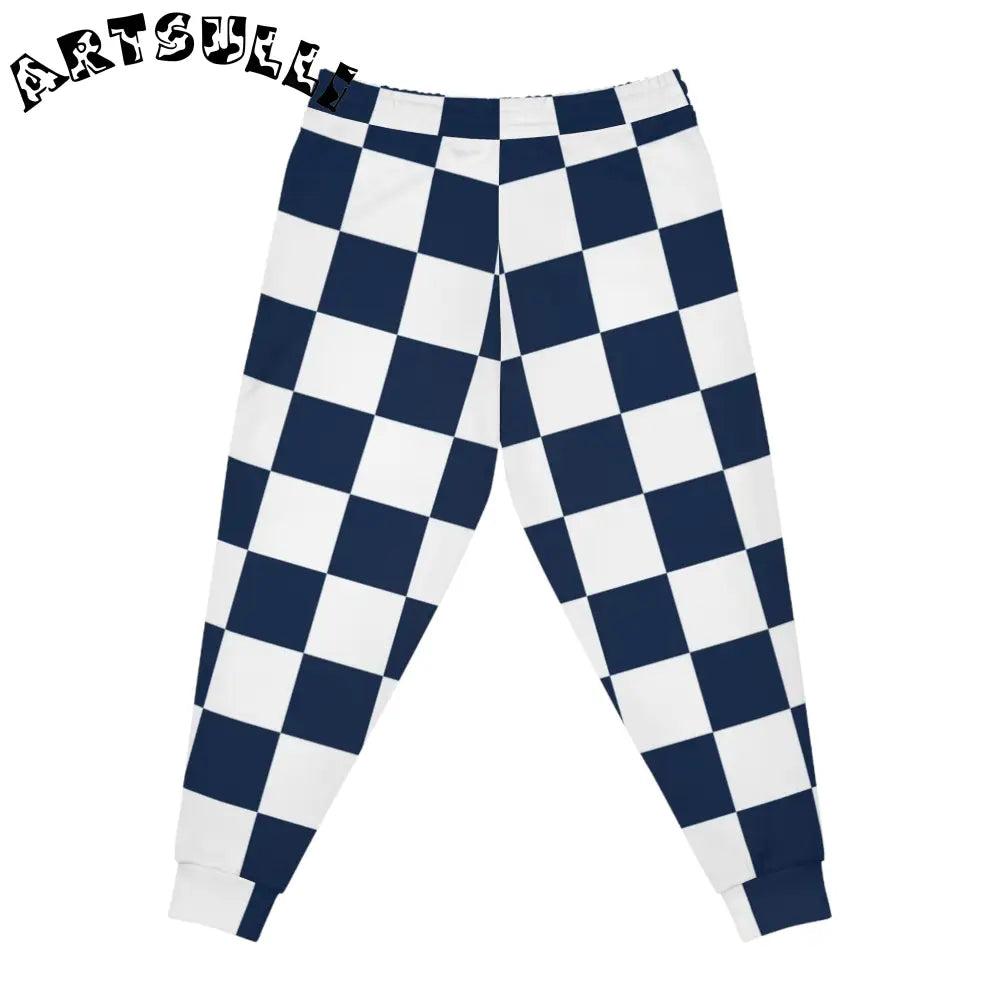 JAKKOUTTHEBXX Checkerboard White and Navy Blue Athletic Joggers