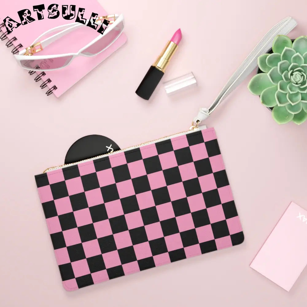 JAKKOUTTHEBXX Checkerboard Black and Pink Clutch Bag JAKKOUTTHEBXX