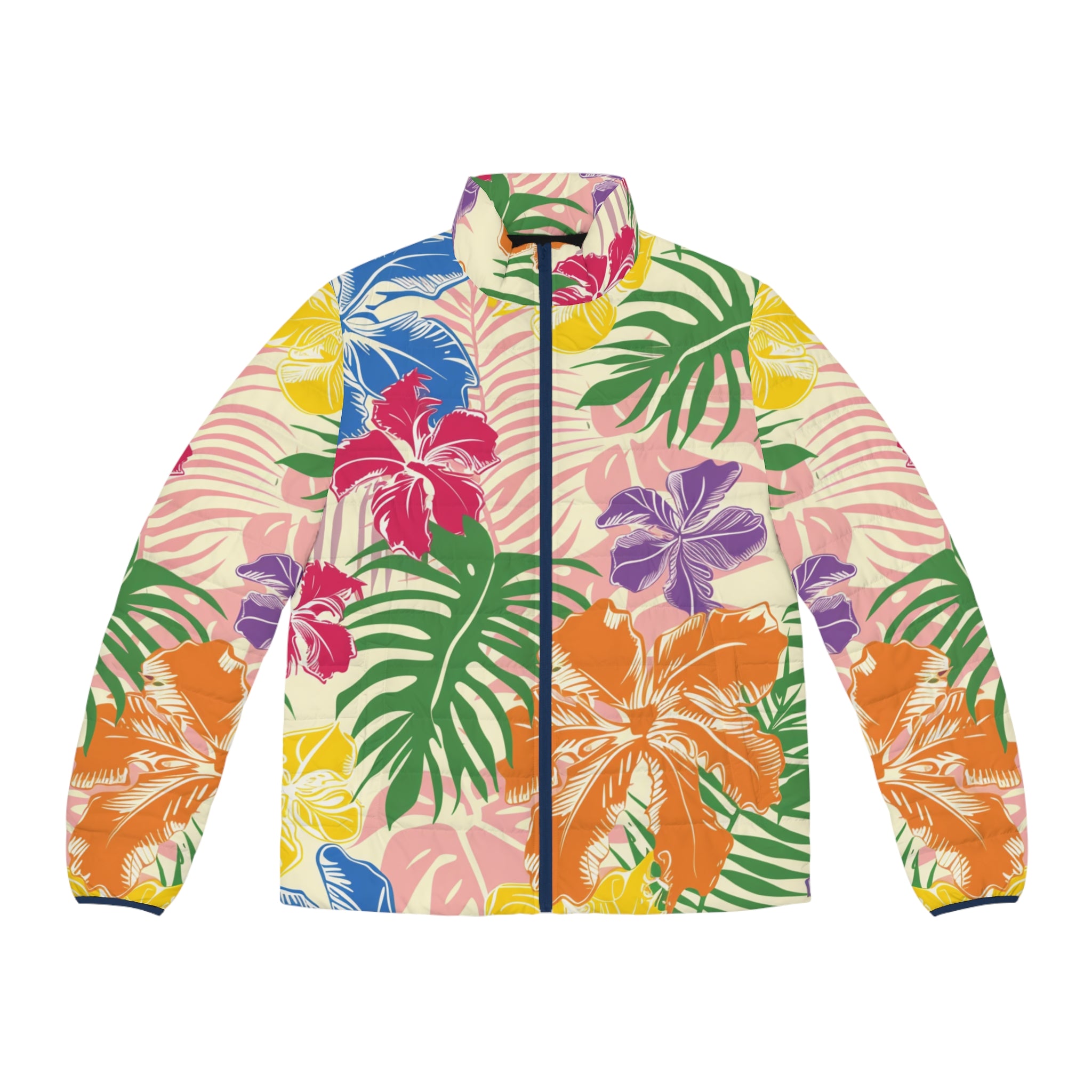 Blooming Tropical Flowers Men's Puffer Jacket (AOP), Artsulli - Art is Long, Life is Short, All Over Prints, Size, S, Color, Dark blue zipper, , , 15747939976681028881