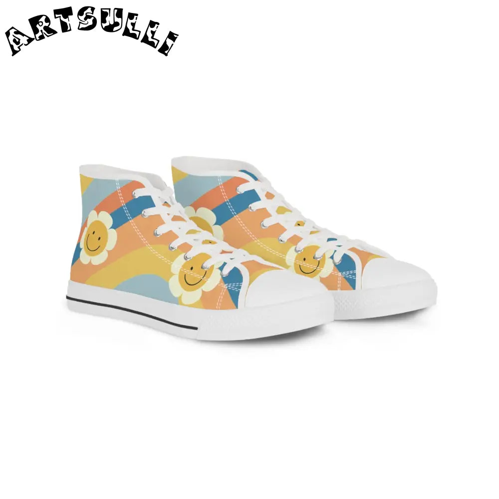 70s Smiley Wave Men's High Top Sneakers, Artsulli - Art is Long, Life is Short, Shoes, Size, US 5, Color, White sole, , , 32417279320364772291