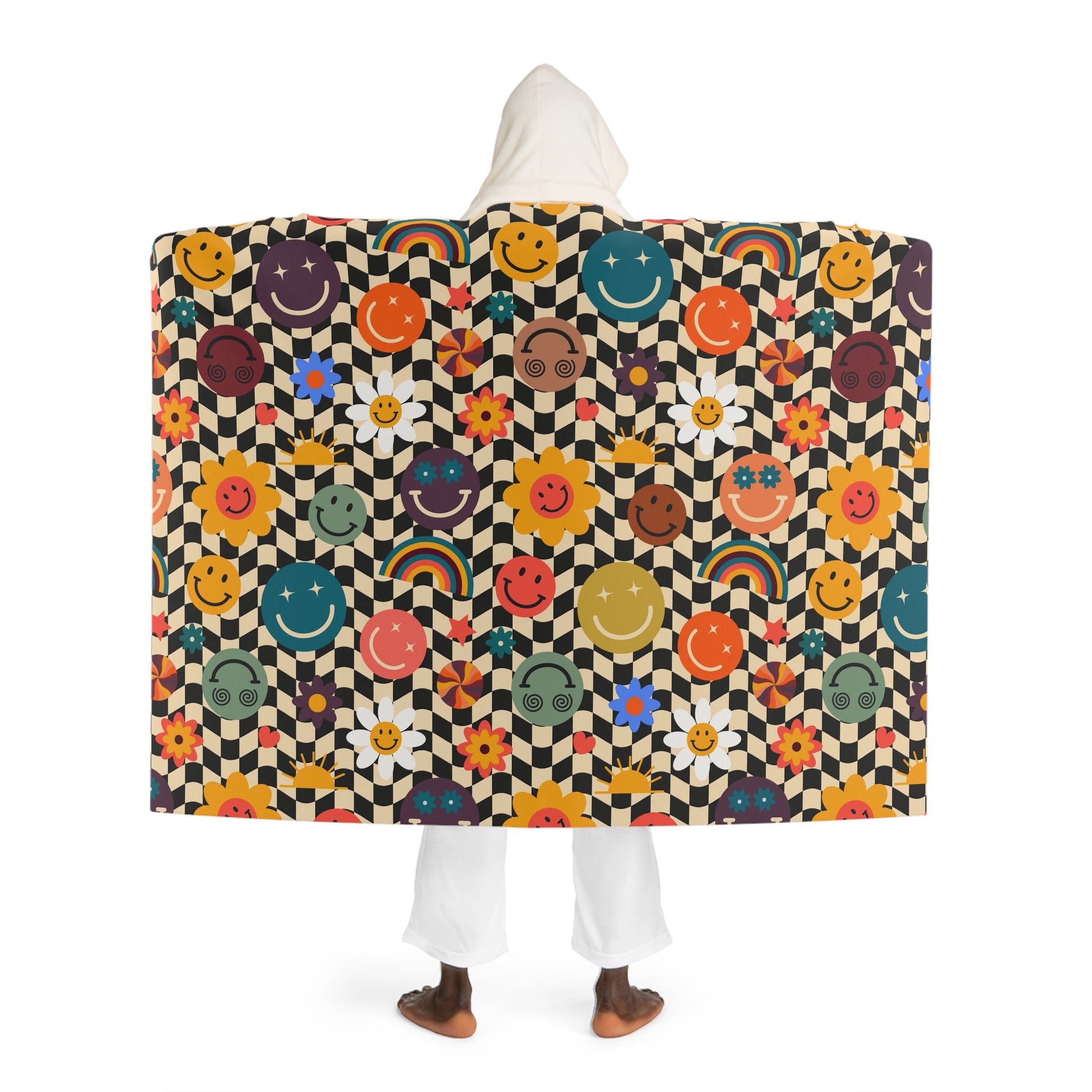 Trippy x Wavy Checkerboard x Smiley Face x Rainbow x Flowers III Multi-Color Hooded Sherpa Fleece Blanket, Artsulli - Art is Long, Life is Short, All Over Prints, , , , , , , 