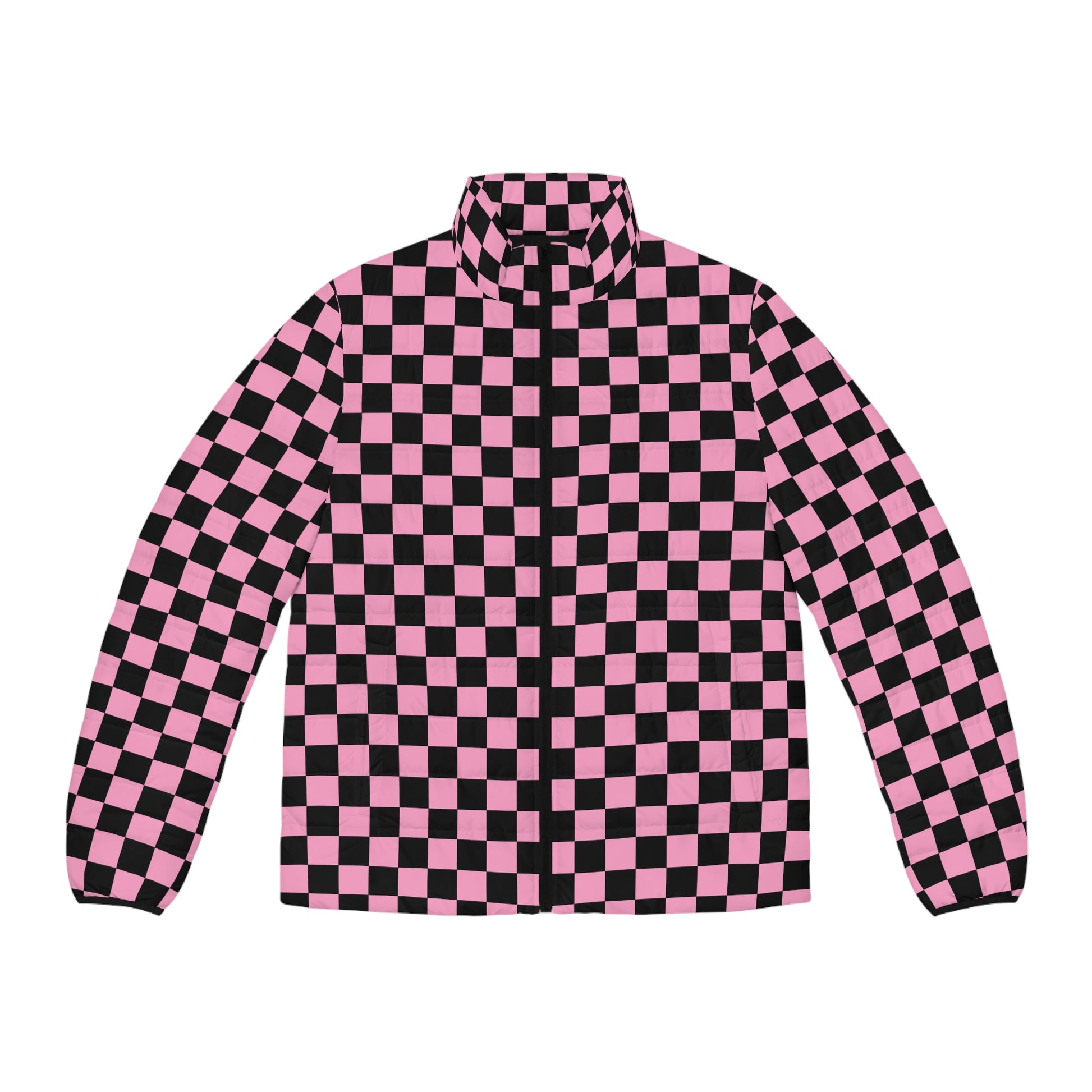 Checkerboard Black and Pink Men's Puffer Jacket (AOP), Artsulli - Art is Long, Life is Short, All Over Prints, Size, S, Color, Black zipper, , , 18502035169739318109