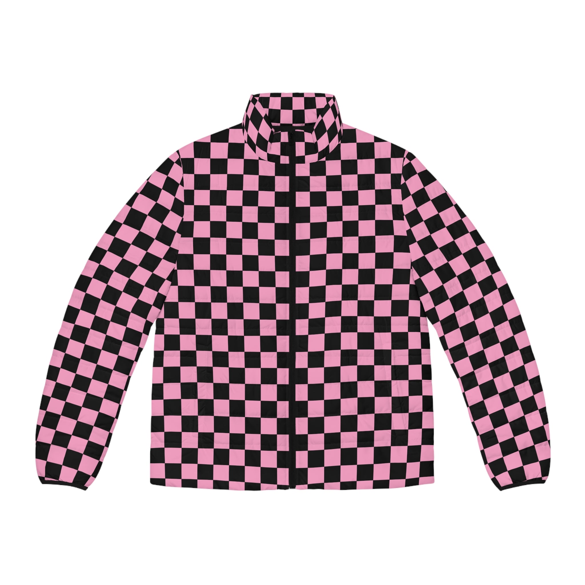 Checkerboard Black and Pink Men's Puffer Jacket (AOP), Artsulli - Art is Long, Life is Short, All Over Prints, Size, S, Color, Black zipper, , , 18502035169739318109