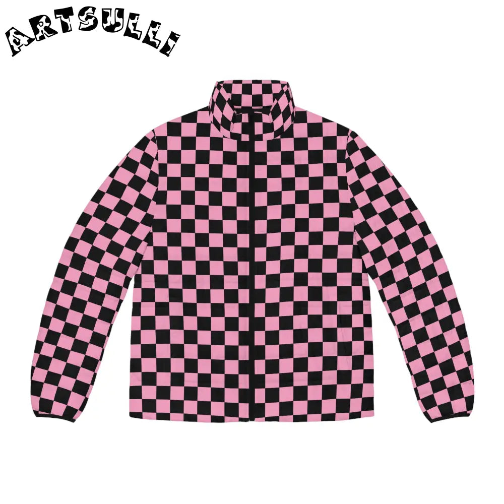 JAKKOUTTHEBXX Checkerboard Black and Pink Men’s Puffer Jacket (AOP)