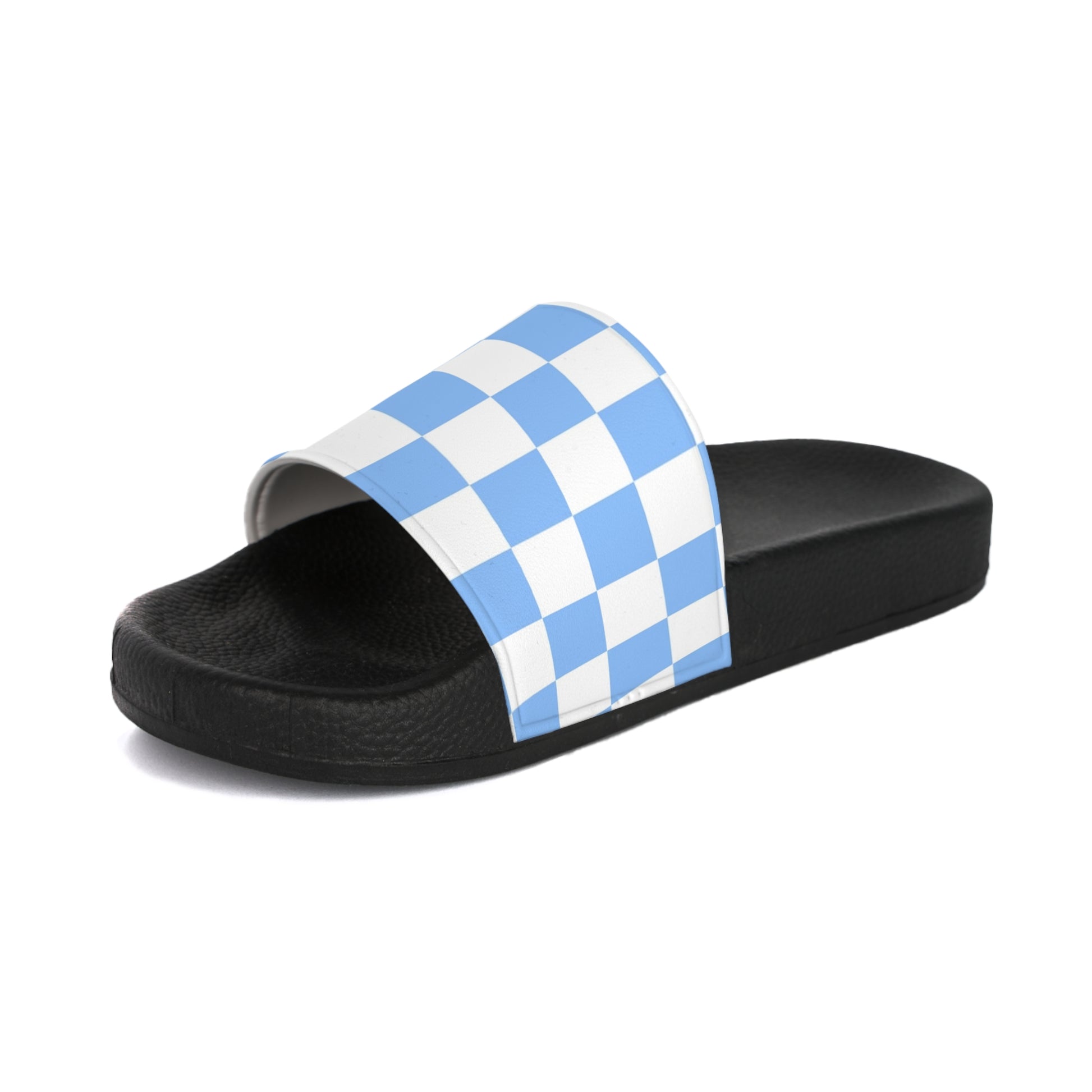 Checkerboard White and Light Blue Women's Slide Sandals, Artsulli - Art is Long, Life is Short, Shoes, , , , , , , 