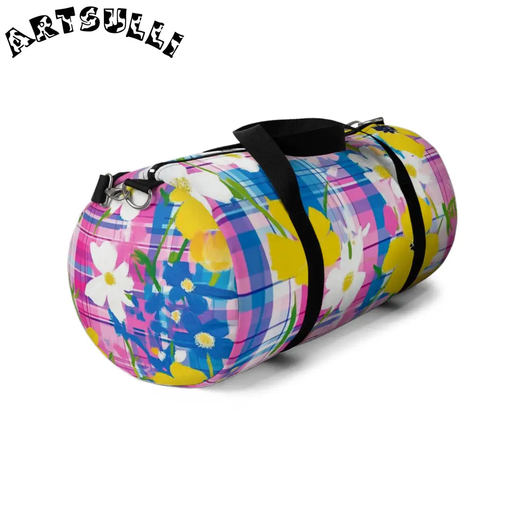 JAKKOUTTHEBXX Plaid Garden II Pink and Purple Duffel Bag