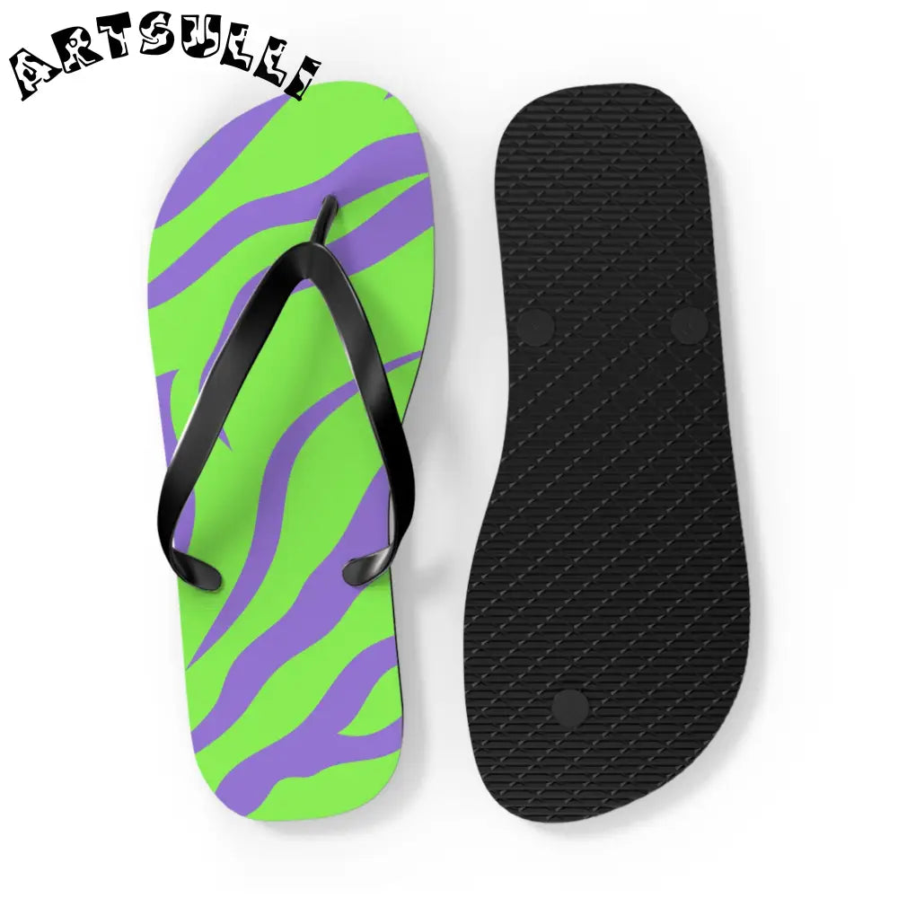 JAKKOUTTHEBXX Tyrannosaurus Print Green and Purple Flip Flops