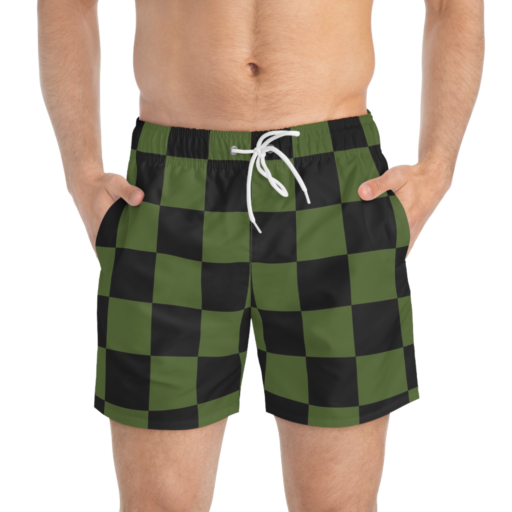 Checkerboard Olive Green and Black Swim Trunks (AOP), Artsulli - Art is Long, Life is Short, All Over Prints, , , , , , , 
