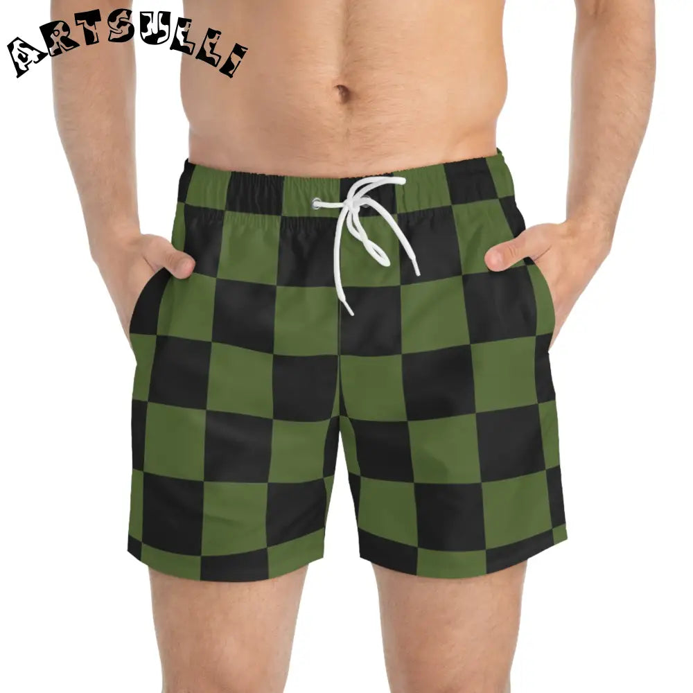 JAKKOUTTHEBXX Checkerboard Olive Green and Black Swim Trunks (AOP)