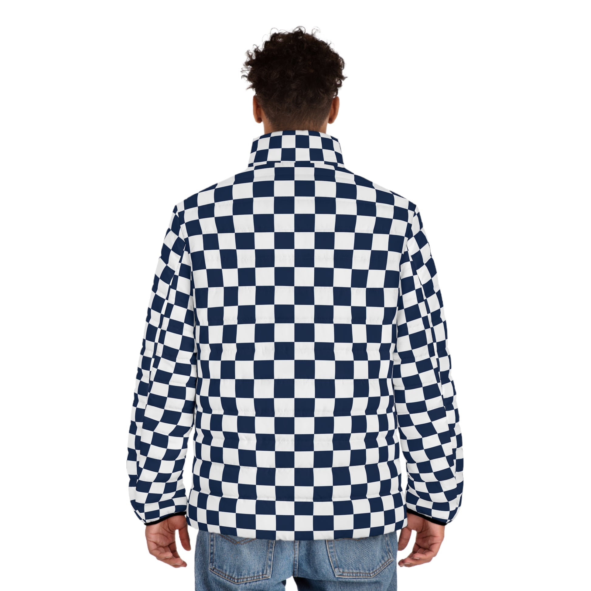 Checkerboard White and Navy Blue Men's Puffer Jacket (AOP), Artsulli - Art is Long, Life is Short, All Over Prints, , , , , , , 