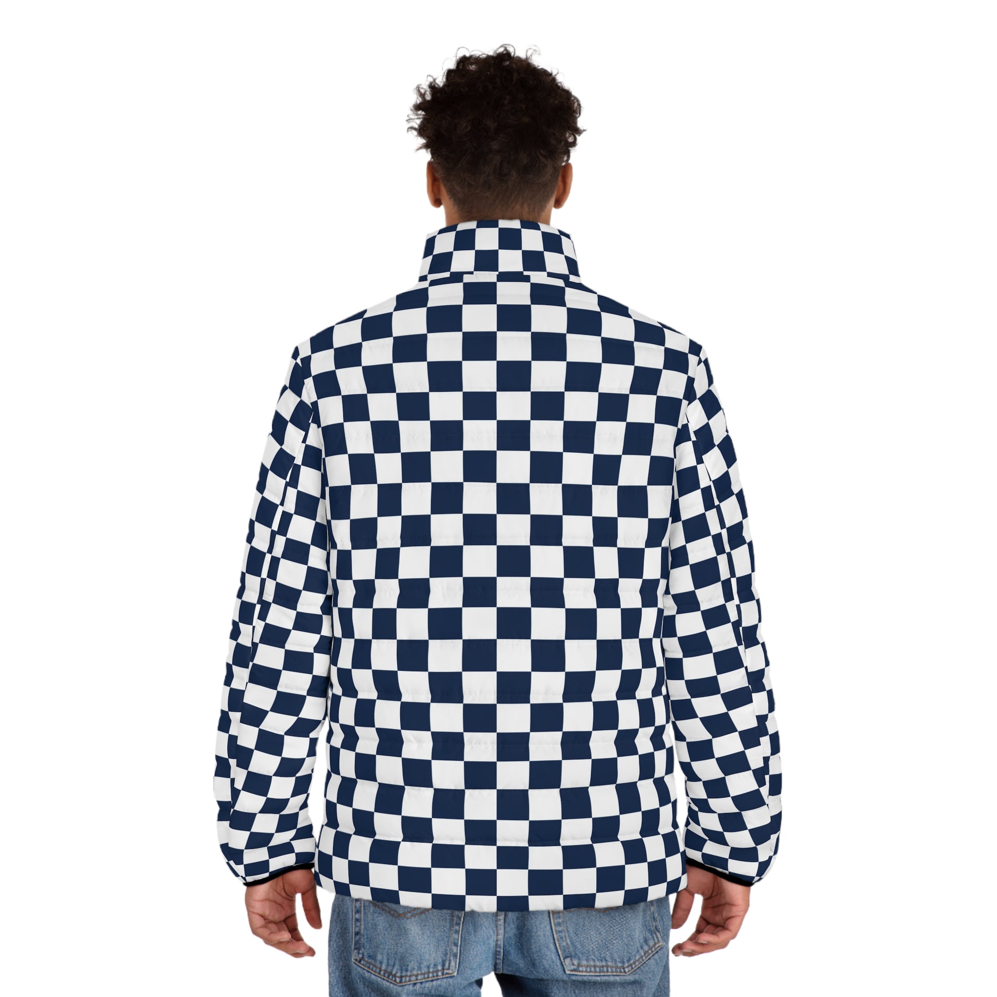 Checkerboard White and Navy Blue Men's Puffer Jacket (AOP), Artsulli - Art is Long, Life is Short, All Over Prints, , , , , , , 