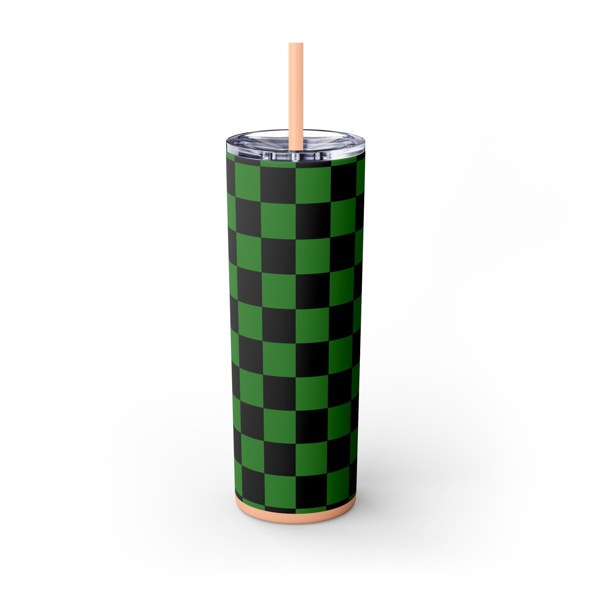Checkerboard Green and Black Skinny Tumbler with Straw, 20oz, Artsulli - Art is Long, Life is Short, Mug, , , , , , , 