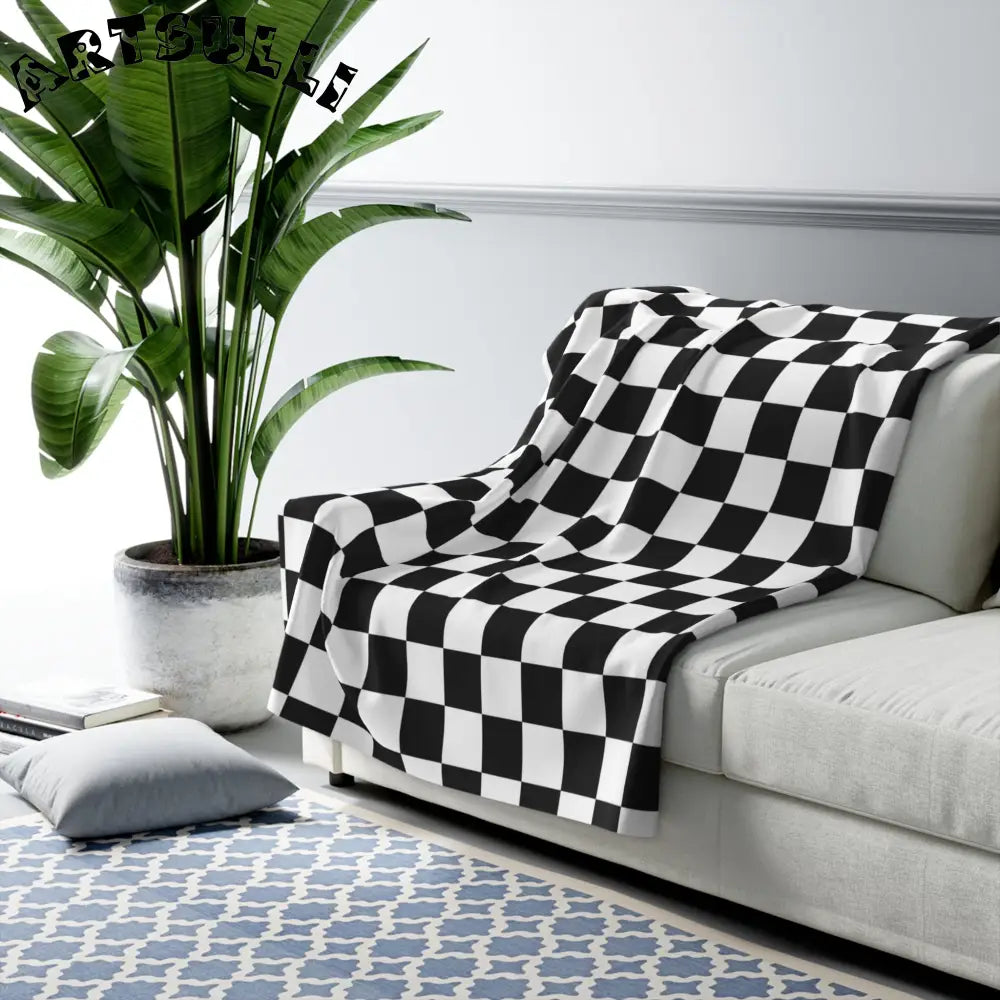 JAKKOUTTHEBXX Checkerboard White and Black Sherpa Fleece Blanket
