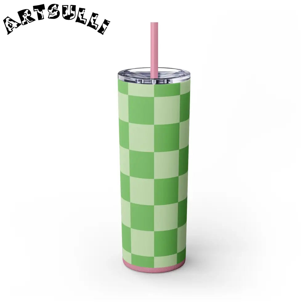 JAKKOUTTHEBXX Checkerboard Green Skinny Tumbler with Straw 20oz