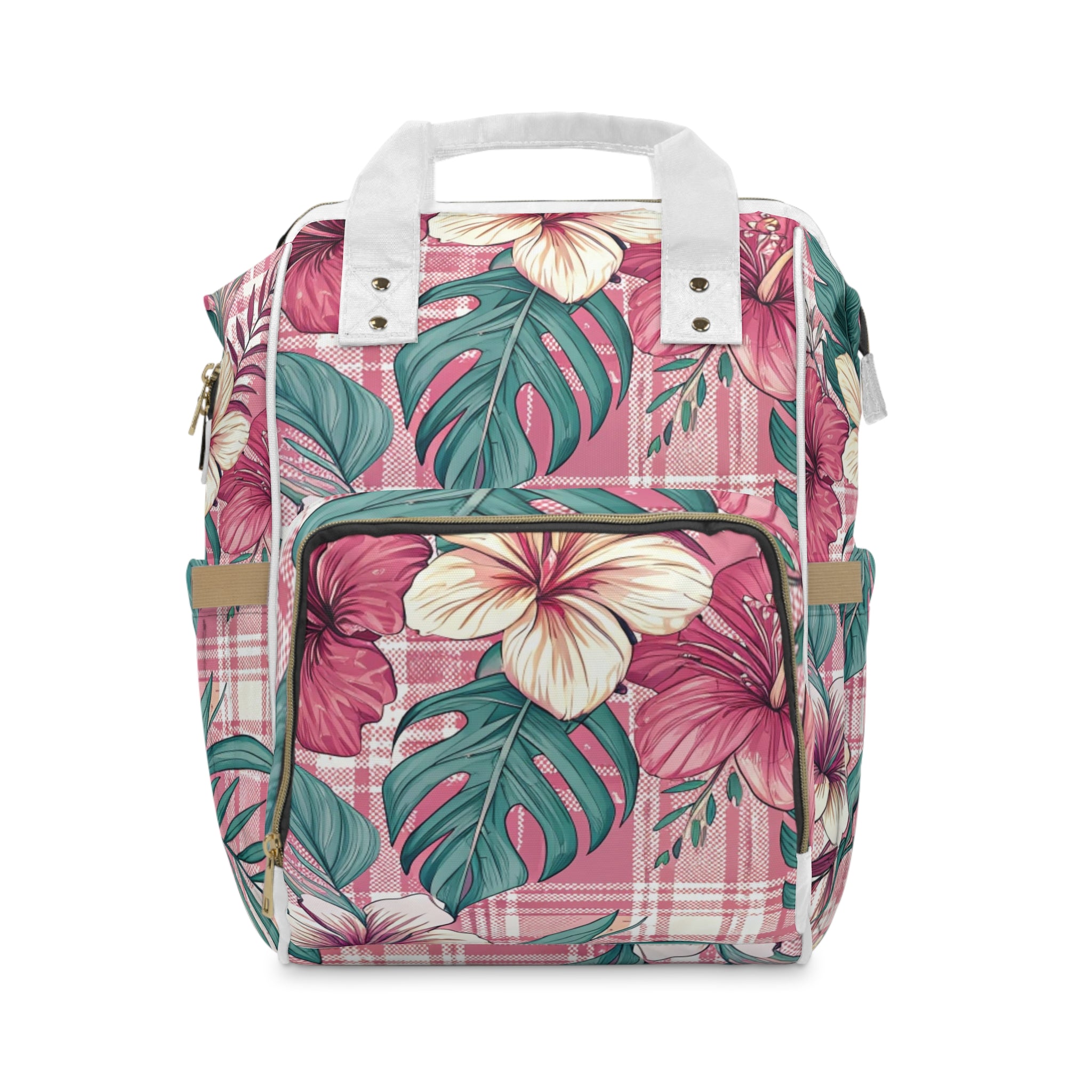 Plaid x Floral Burgundy and Green Multifunctional Diaper Backpack, Artsulli - Art is Long, Life is Short, Bags, Size, 15.0" × 10.8" × 6.7'', , , , , 94508095637283
