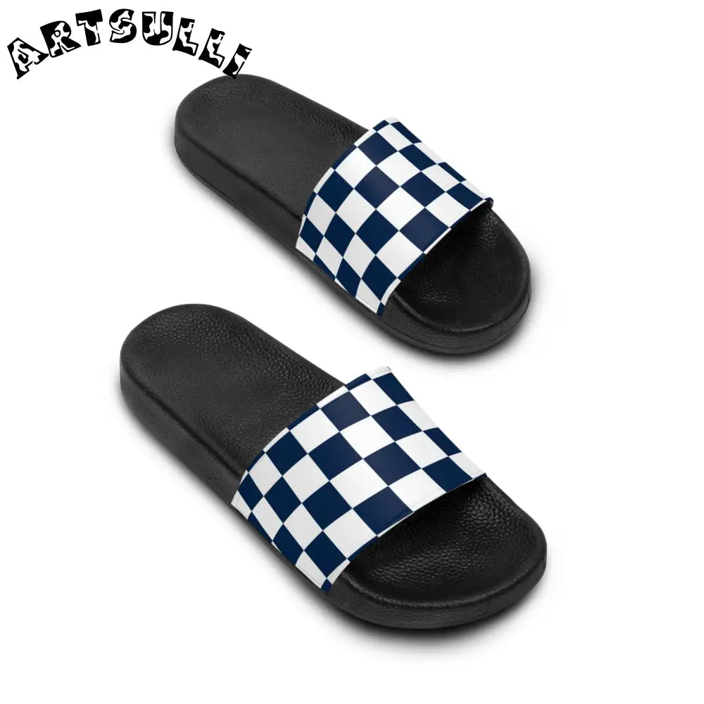 JAKKOUTTHEBXX Checkerboard White and Navy Blue Men’s Slide Sandals