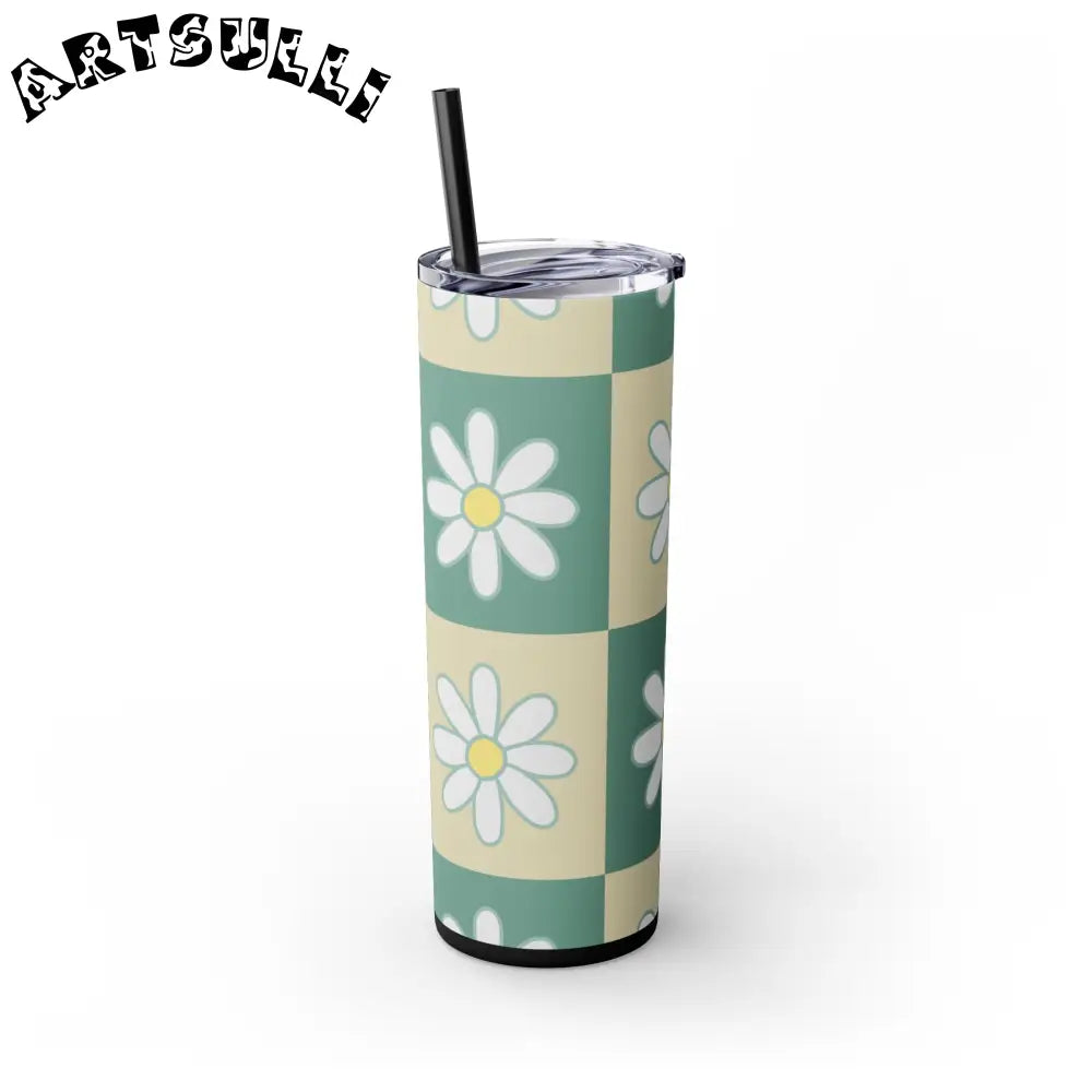 JAKKOUTTHEBXX Retro Daisy Checkerboard Green and Tan Skinny Tumbler