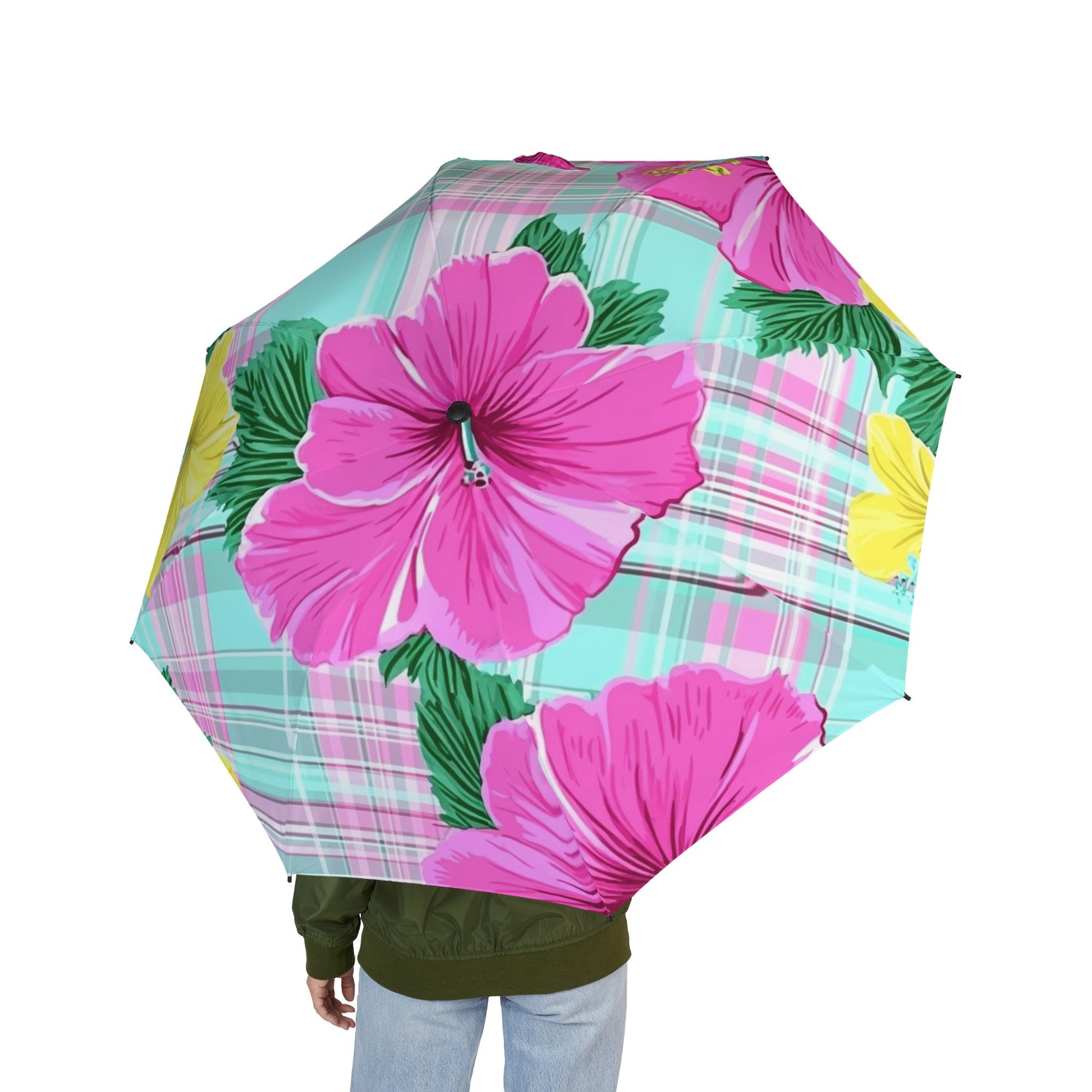 Plaid Hibiscus Pink and Yellow Semi-Automatic Foldable Umbrella, Artsulli - Art is Long, Life is Short, Accessories, , , , , , , 
