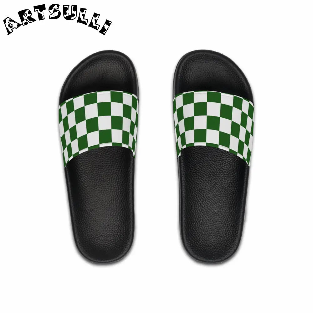 JAKKOUTTHEBXX Checkerboard White and Dark Green Men’s Slide Sandals
