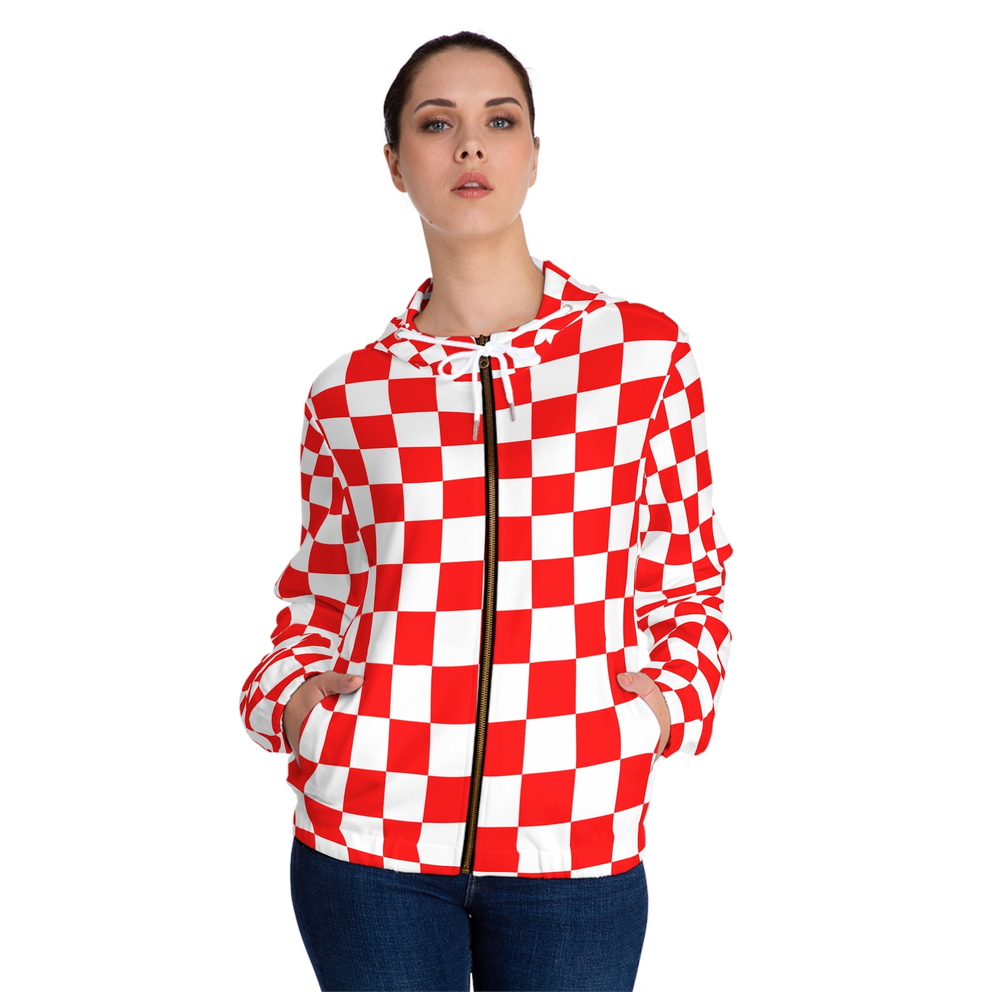 Checkerboard Red and White Women’s Full-Zip Hoodie (AOP), Artsulli - Art is Long, Life is Short, All Over Prints, , , , , , , 