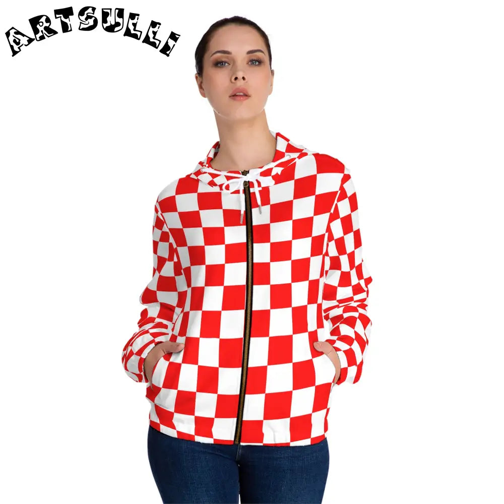 JAKKOUTTHEBXX Checkerboard Red and White Women’s Full-Zip Hoodie