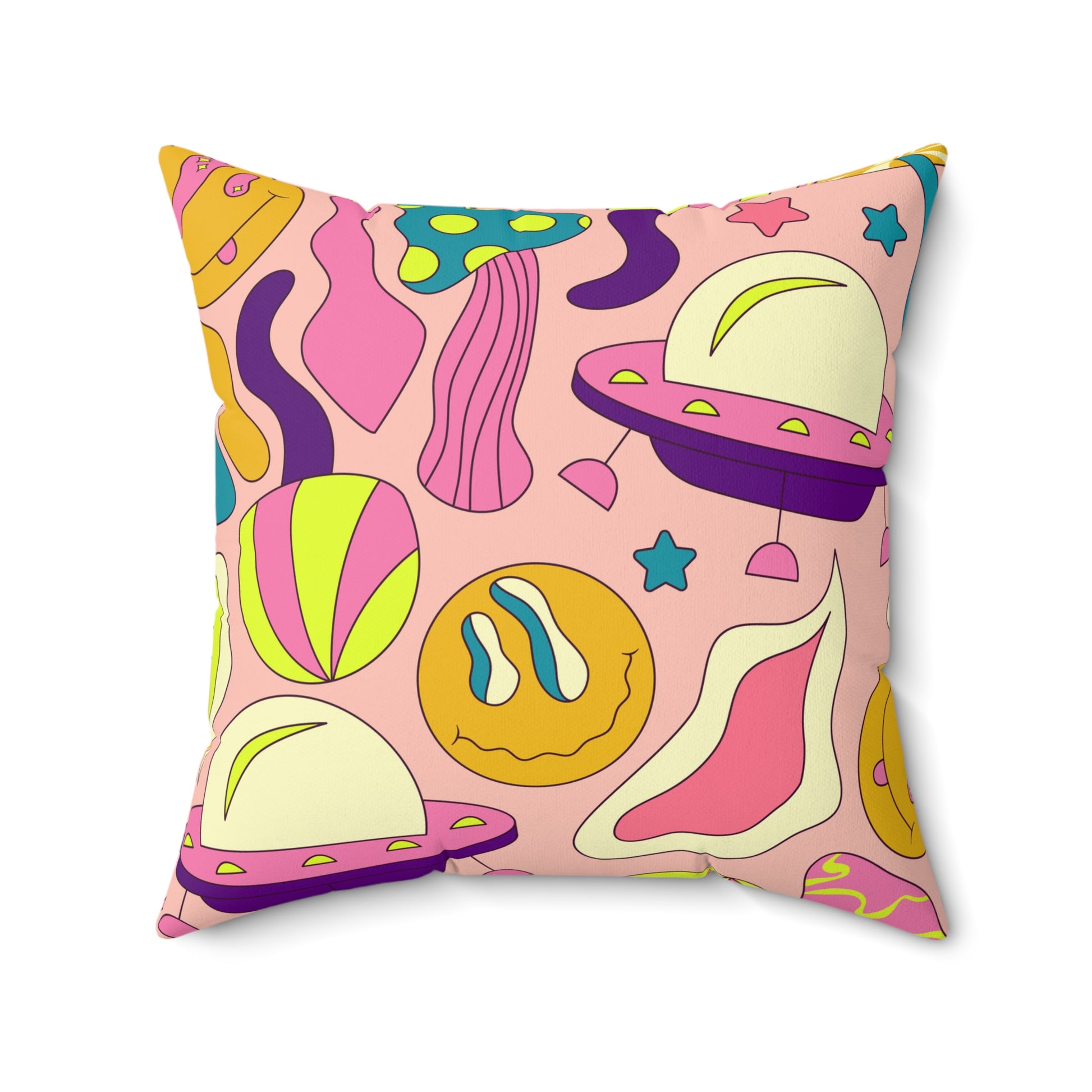 Trippy Spaceships Pink Spun Polyester Square Pillow, Artsulli - Art is Long, Life is Short, Home Decor, Size, 20" × 20", , , , , 14050427226171
