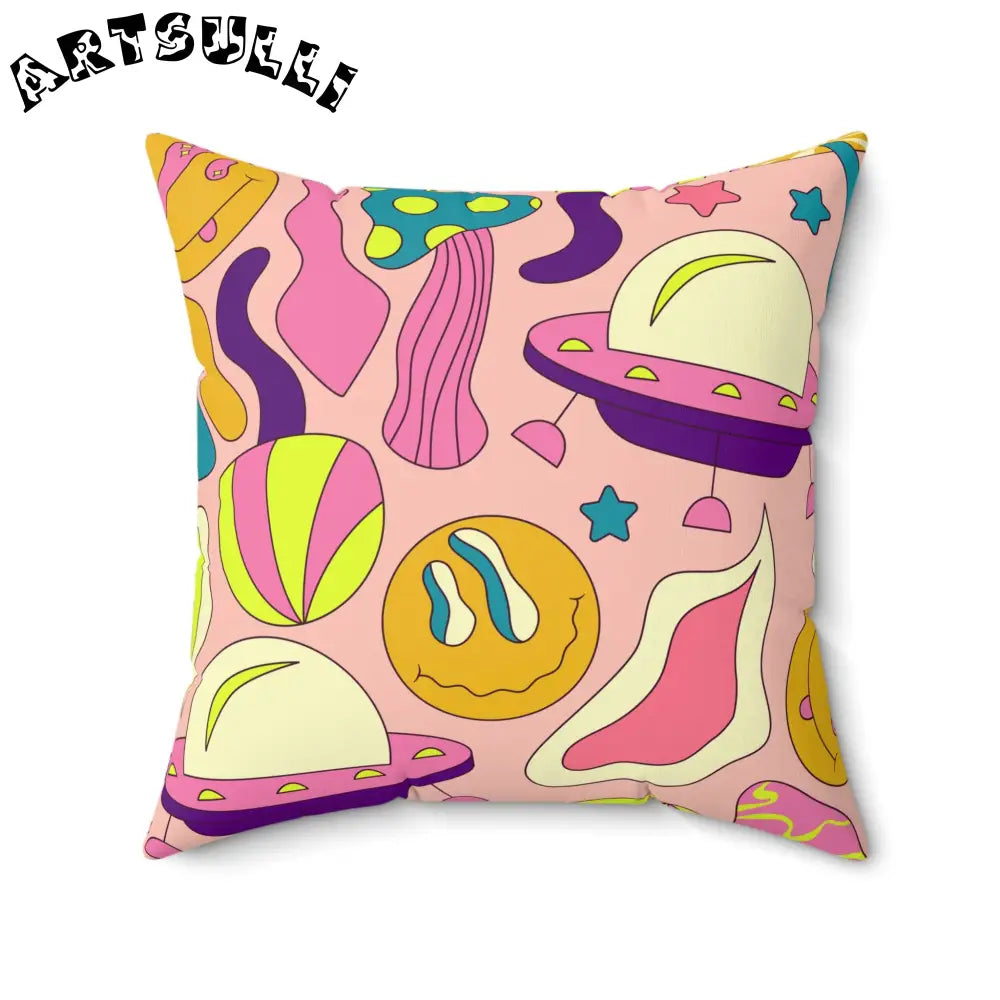 JAKKOUTTHEBXX Trippy Spaceships Pink Spun Polyester Square Pillow