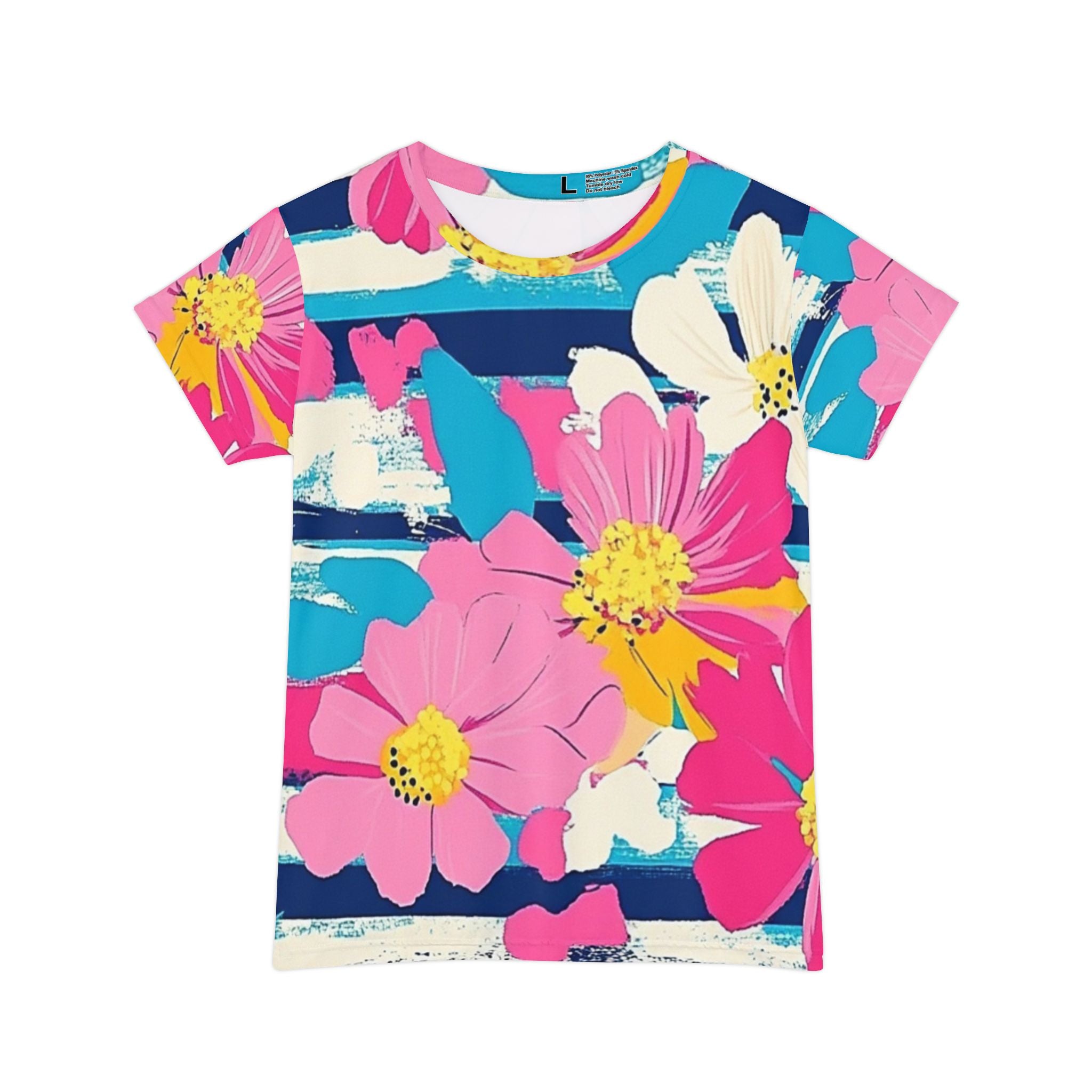 Dayglo Floral Stripes Women's Short Sleeve Shirt (AOP), Artsulli - Art is Long, Life is Short, All Over Prints, Size, XS, , , , , 39796182762423