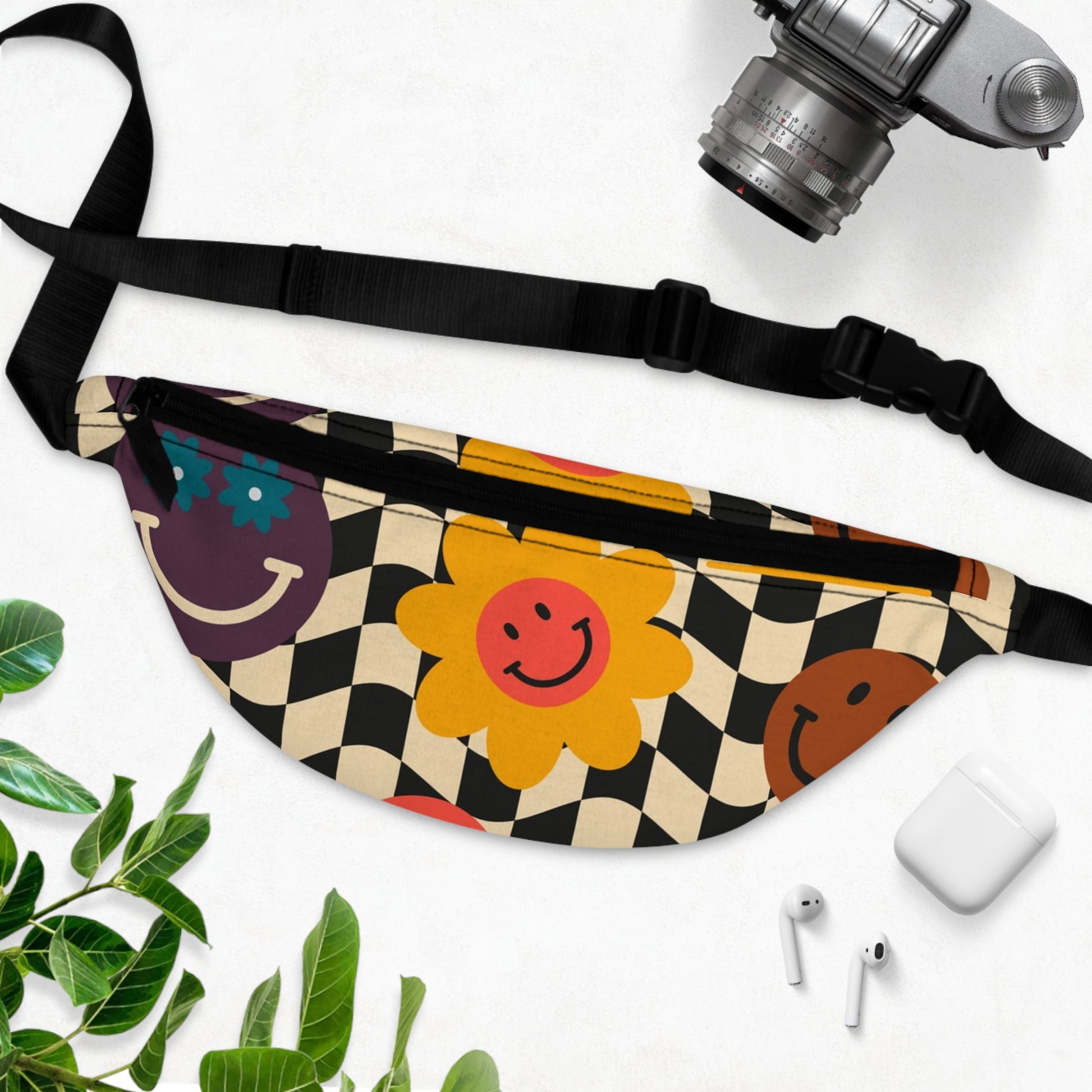 Trippy x Wavy Checkerboard x Smiley Face x Rainbow x Flowers Multi-Color Fanny Pack, Artsulli - Art is Long, Life is Short, Bags, , , , , , , 