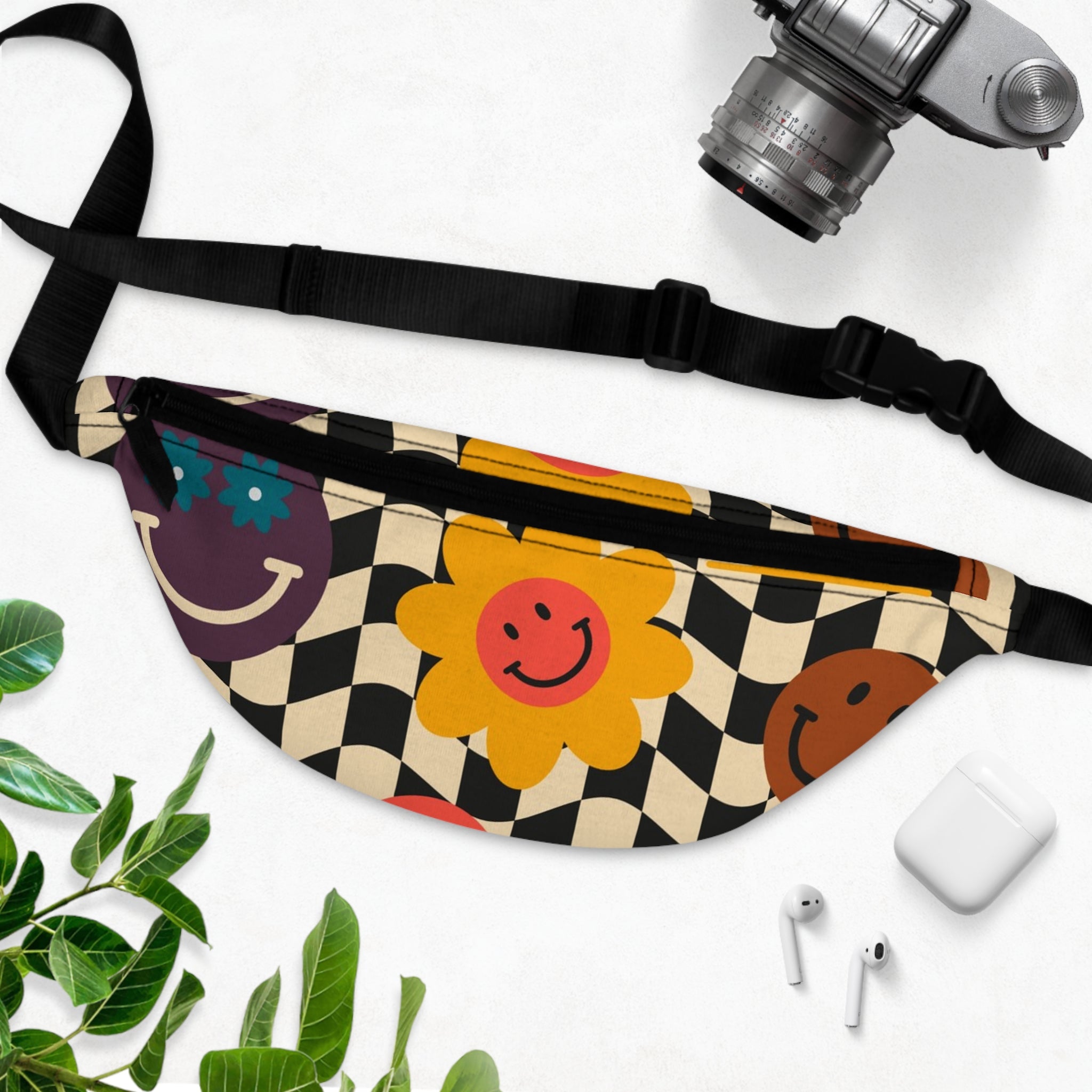 Trippy x Wavy Checkerboard x Smiley Face x Rainbow x Flowers Multi-Color Fanny Pack, Artsulli - Art is Long, Life is Short, Bags, , , , , , , 
