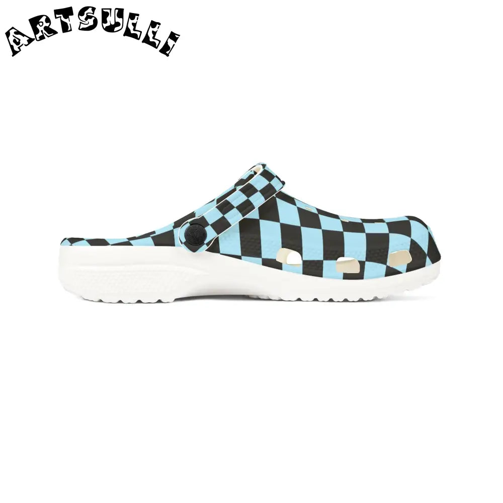 JAKKOUTTHEBXX Checkerboard Black and Blue EVA Foam Rubber Shoes