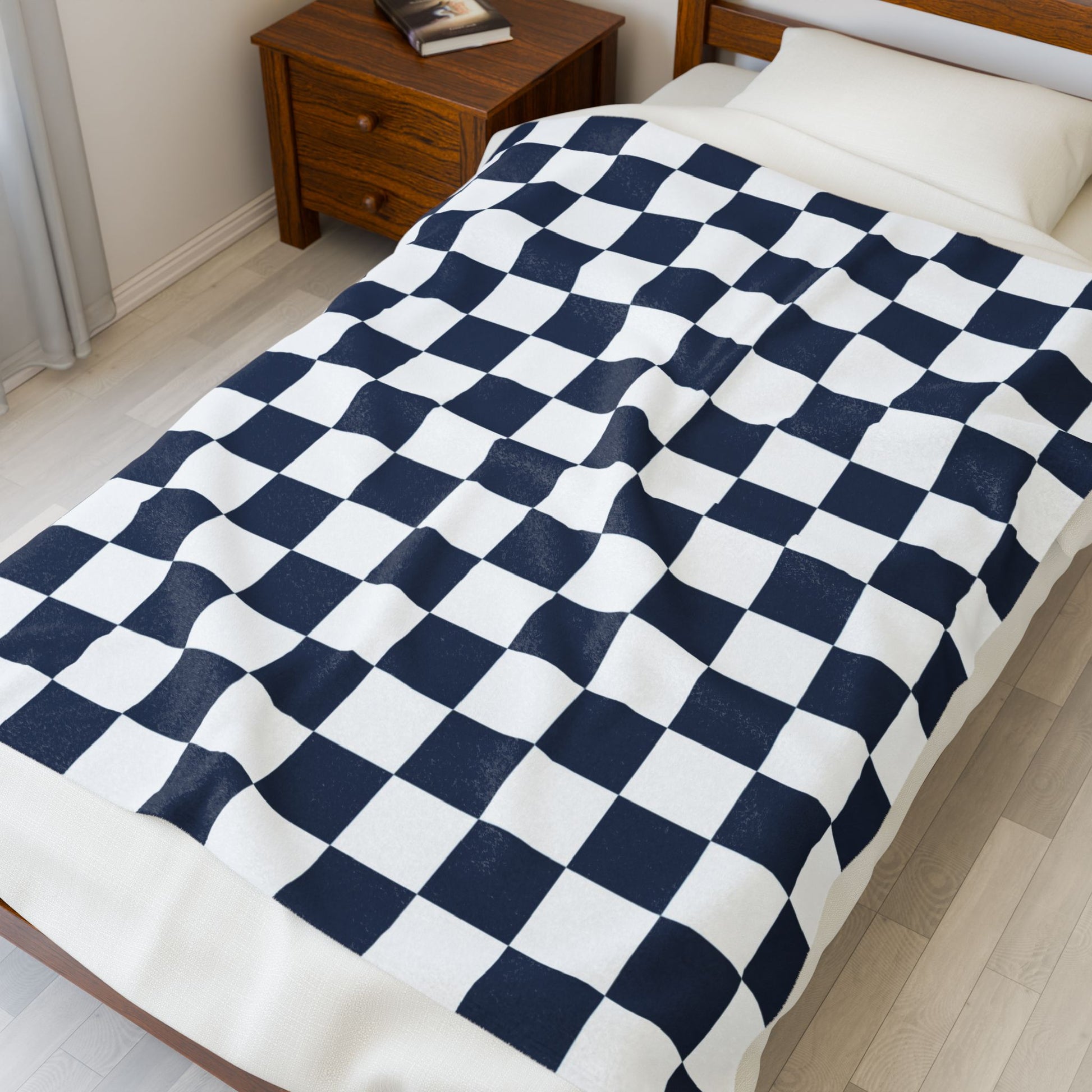 Checkerboard White and Navy Blue Velveteen Plush Blanket, Artsulli - Art is Long, Life is Short, All Over Prints, , , , , , , 