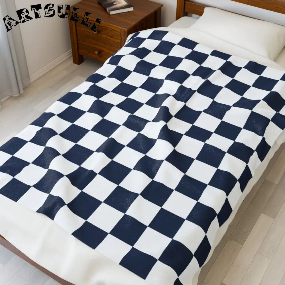 JAKKOUTTHEBXX Checkerboard White and Navy Blue Velveteen Plush