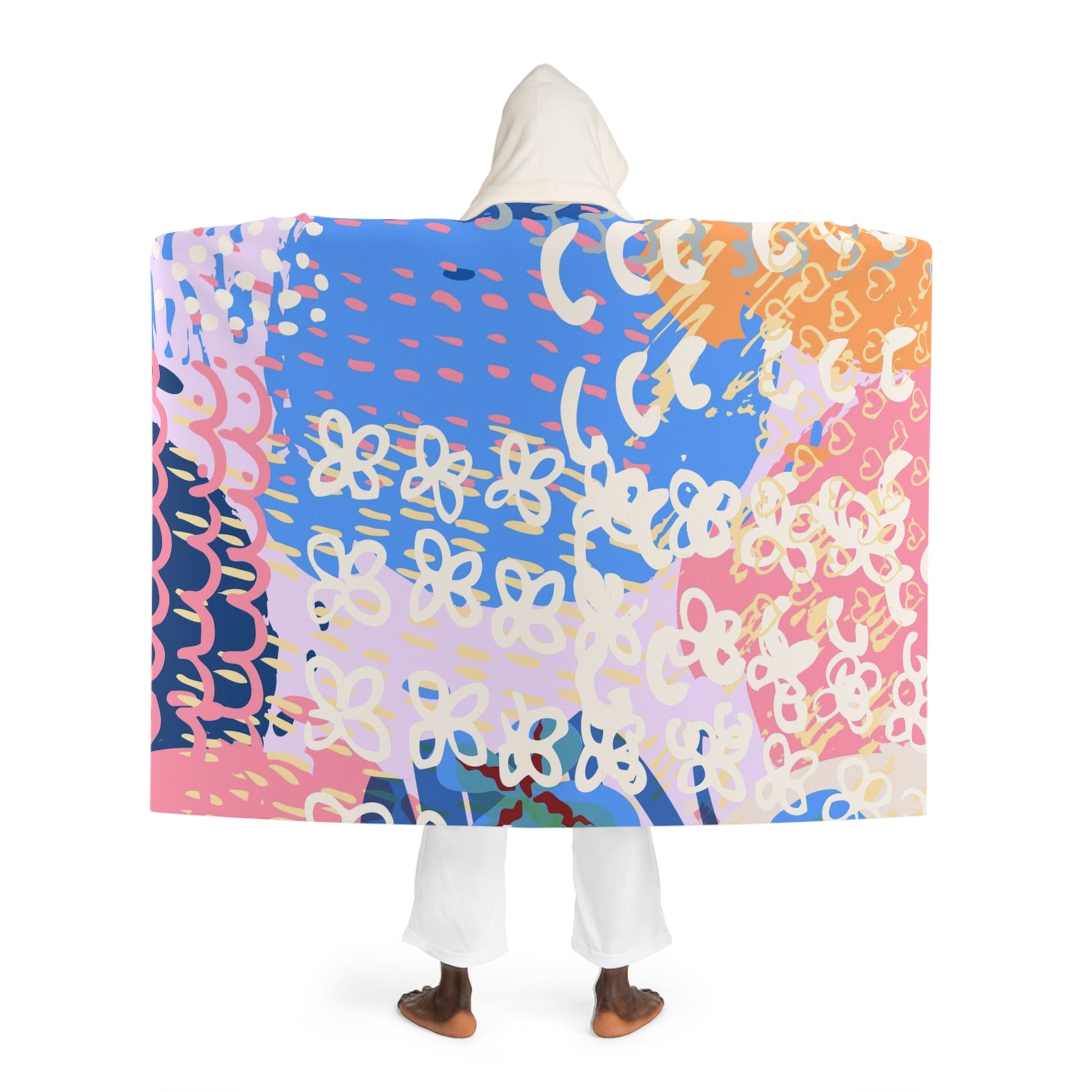 Flowers x Doodles x Hearts Multi-Color Hooded Sherpa Fleece Blanket, Artsulli - Art is Long, Life is Short, All Over Prints, , , , , , , 