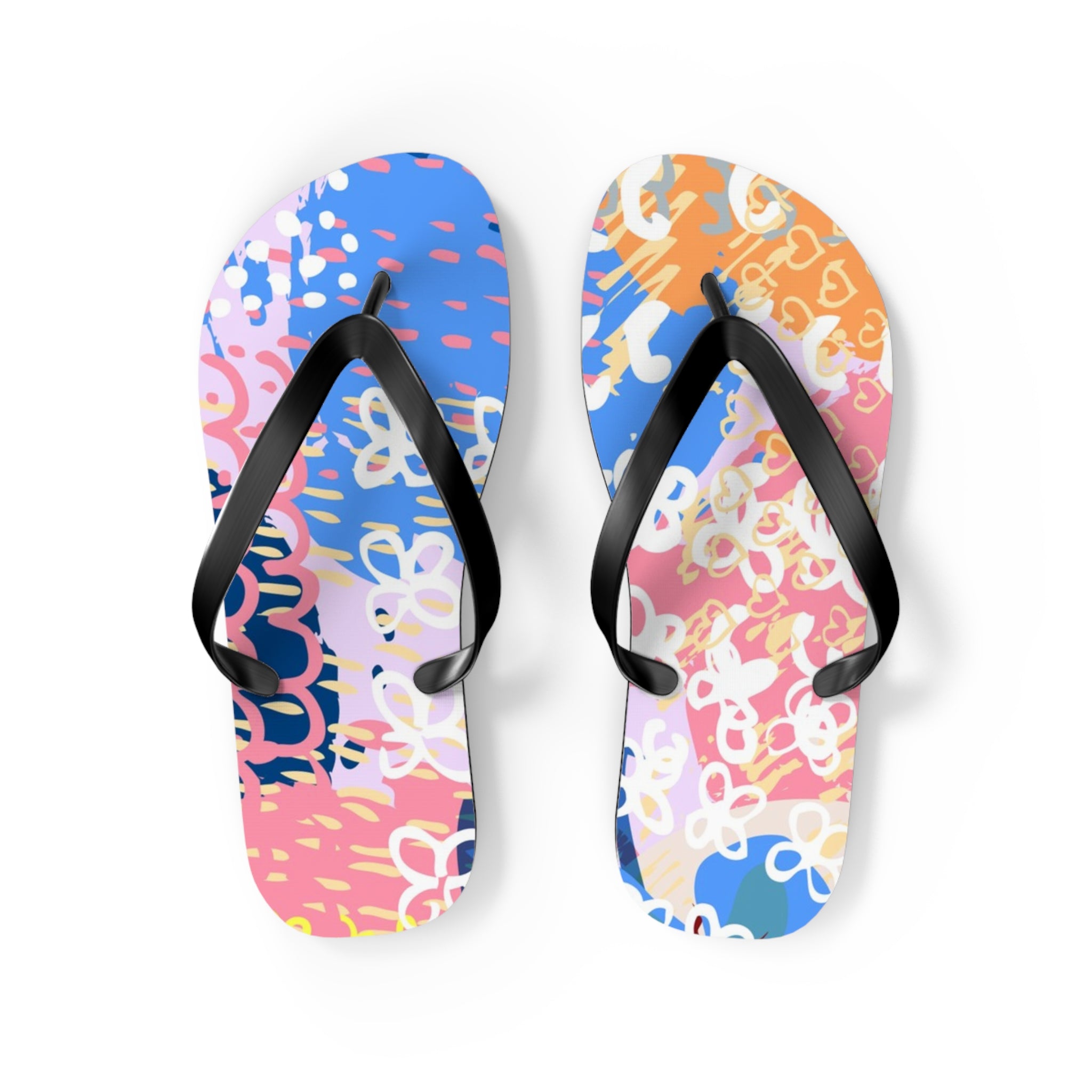 Flowers x Doodles x Hearts Multi-Color Flip Flops, Artsulli - Art is Long, Life is Short, Shoes, Size, M, Color, Black sole, , , 93610990684305159375