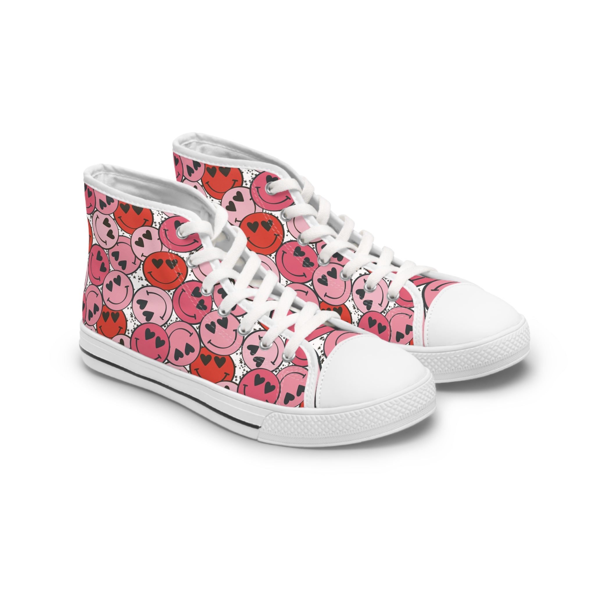 Smiley Face x Heart Eyes II Pink and Red Women's High Top Sneakers, Artsulli - Art is Long, Life is Short, Shoes, Size, US 5.5, Color, White sole, , , 18614070336375254979
