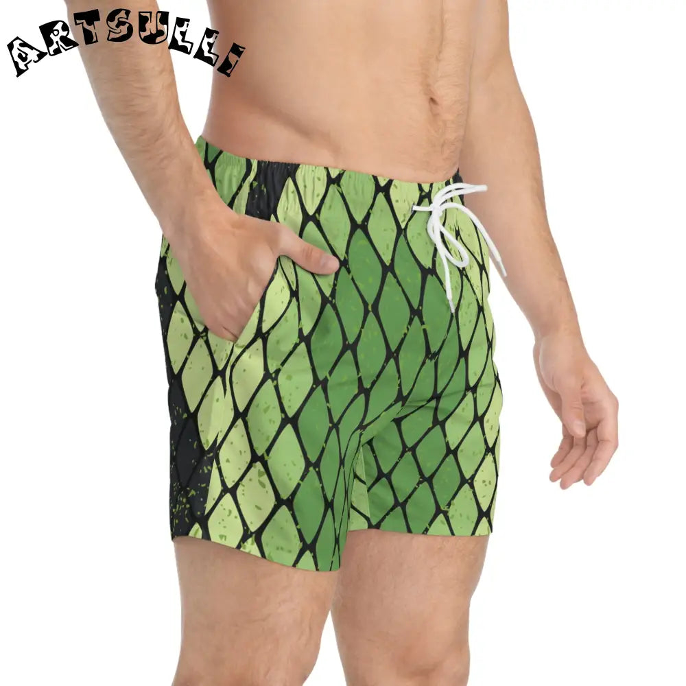 JAKKOUTTHEBXX Snake Skin Green and Black Swim Trunks (AOP)