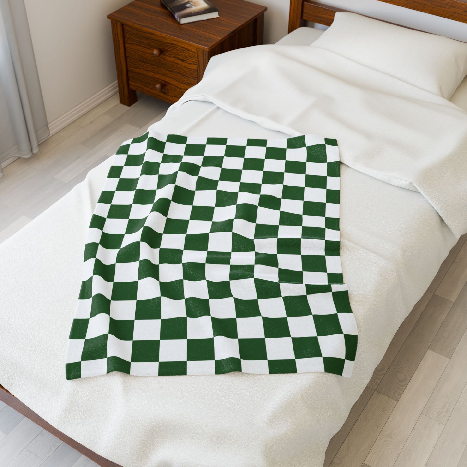 Checkerboard White and Dark Green Velveteen Plush Blanket, Artsulli - Art is Long, Life is Short, All Over Prints, , , , , , , 