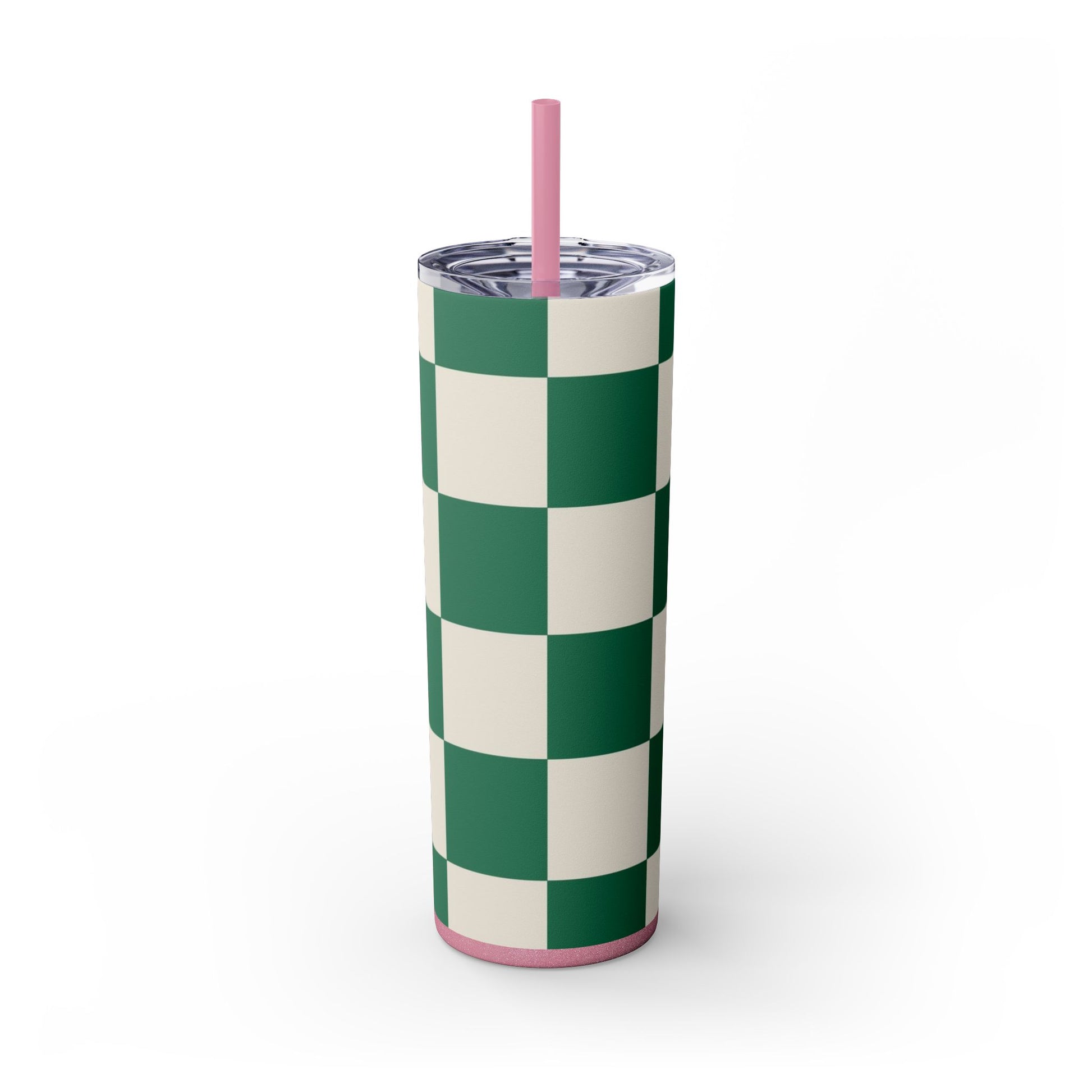 Checkerboard Dark Green Skinny Tumbler with Straw, 20oz, Artsulli - Art is Long, Life is Short, Mug, , , , , , , 