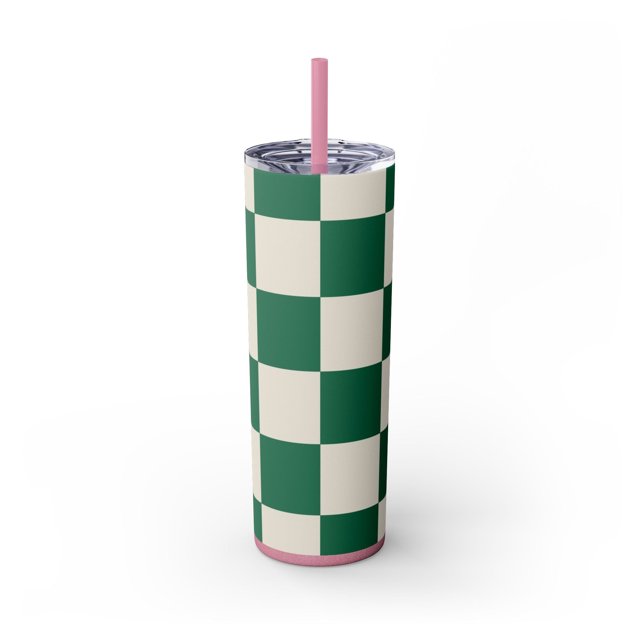 Checkerboard Dark Green Skinny Tumbler with Straw, 20oz, Artsulli - Art is Long, Life is Short, Mug, , , , , , , 
