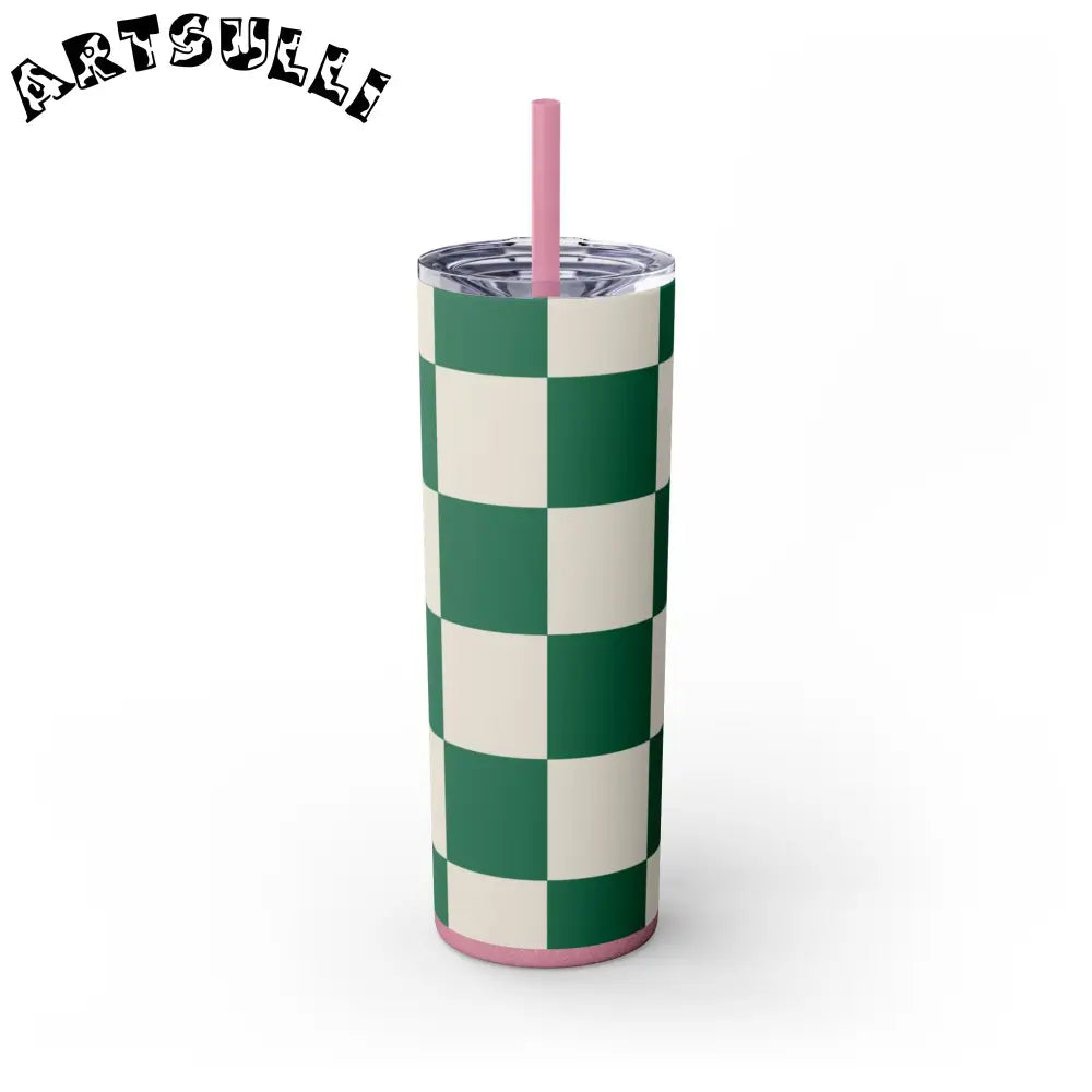 JAKKOUTTHEBXX Checkerboard Dark Green Skinny Tumbler with Straw 20oz
