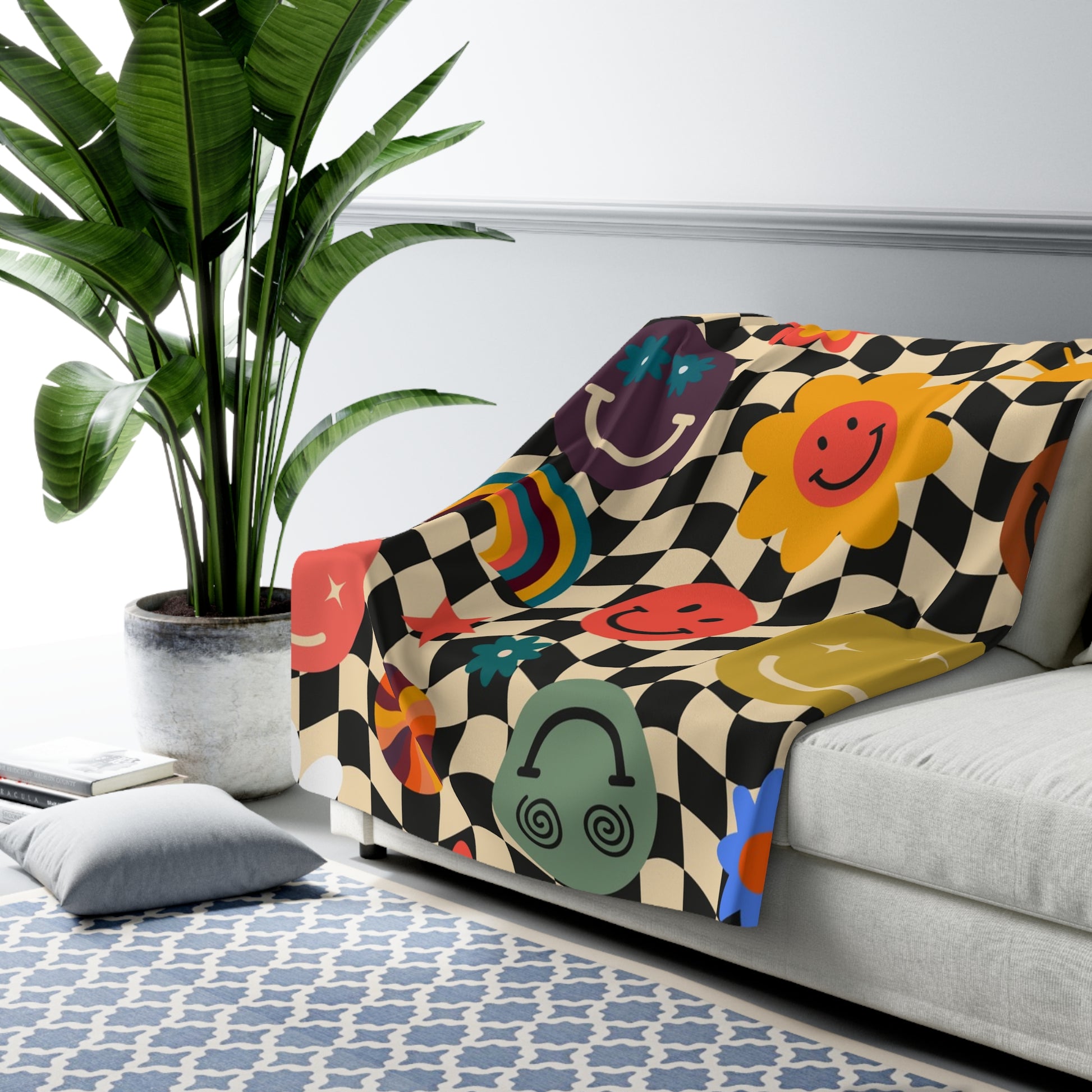 Trippy x Wavy Checkerboard x Smiley Face x Rainbow x Flowers Multi-Color Sherpa Fleece Blanket, Artsulli - Art is Long, Life is Short, Home Decor, , , , , , , 