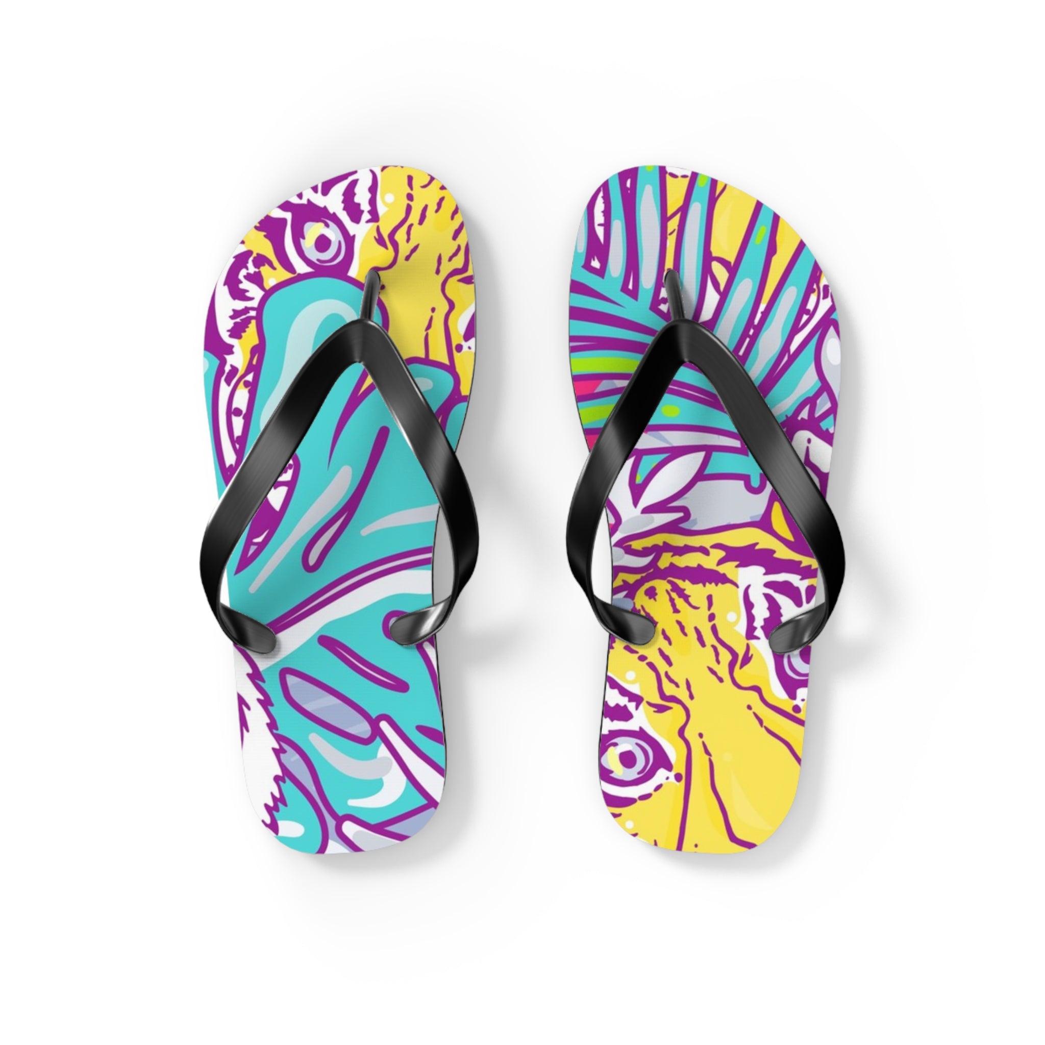 Tropical Floral Tigers Torquise and Purple Flip Flops, Artsulli - Art is Long, Life is Short, Shoes, Size, S, Color, Black sole, , , 14148314083850