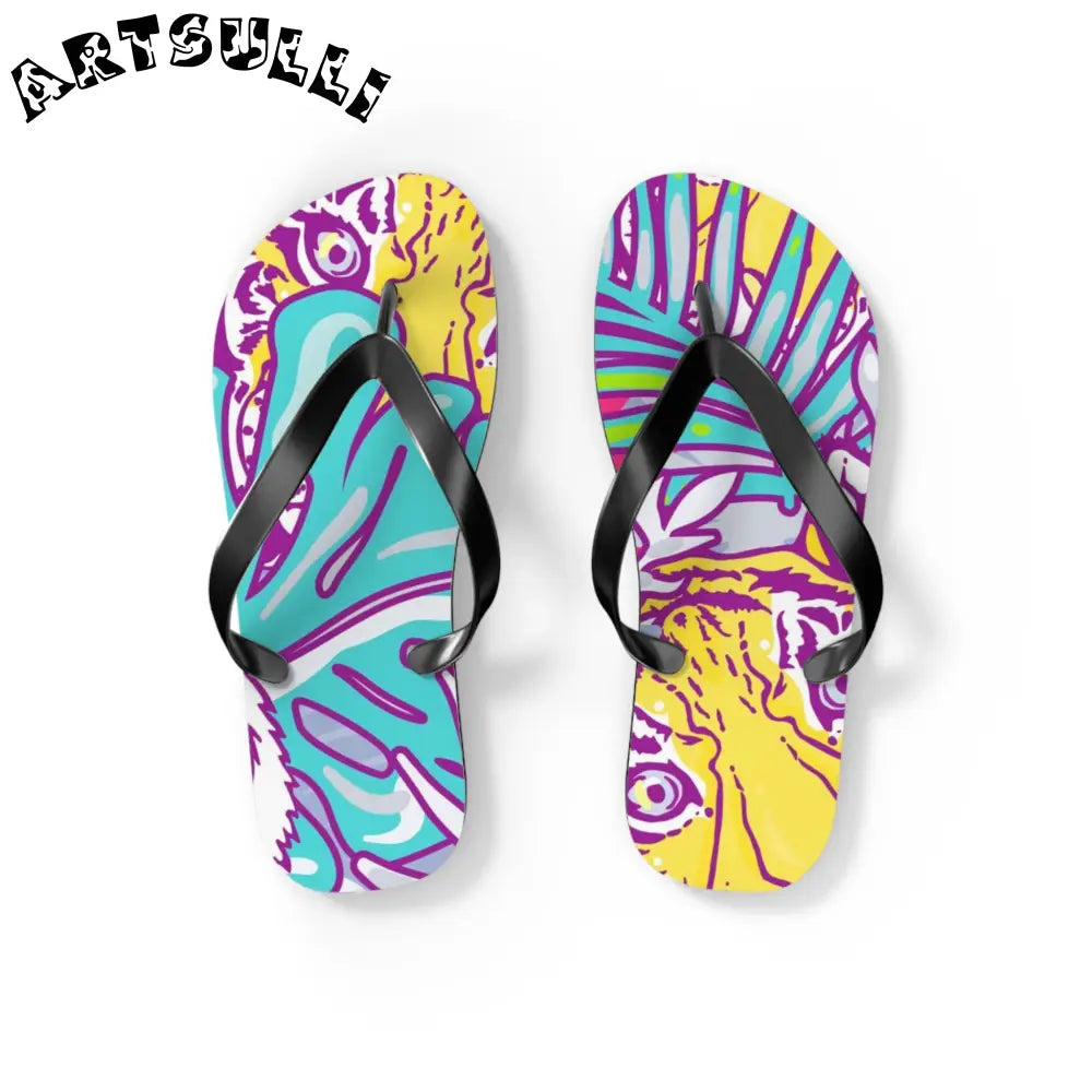JAKKOUTTHEBXX Tropical Floral Tigers Torquise and Purple Flip Flops