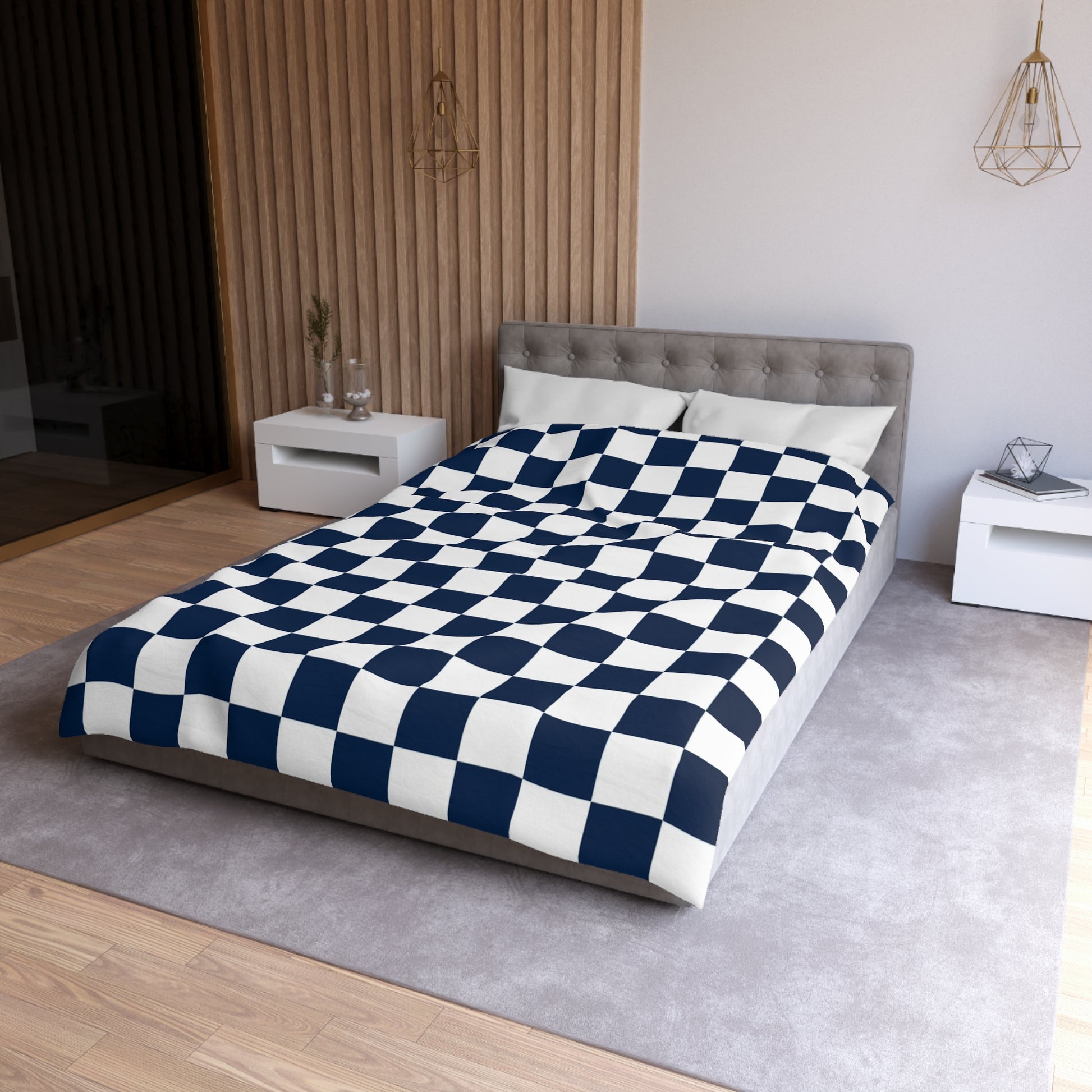 Checkerboard White and Navy Blue Microfiber Duvet Cover, Artsulli - Art is Long, Life is Short, Home Decor, , , , , , , 